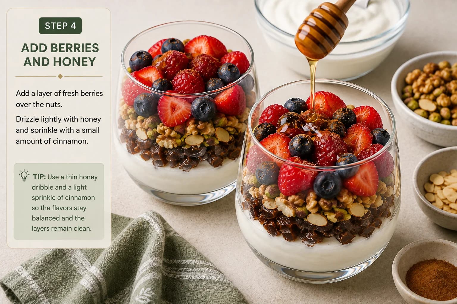 Fresh berries layered over Greek yogurt and nuts with a thin drizzle of honey and a light sprinkle of cinnamon.