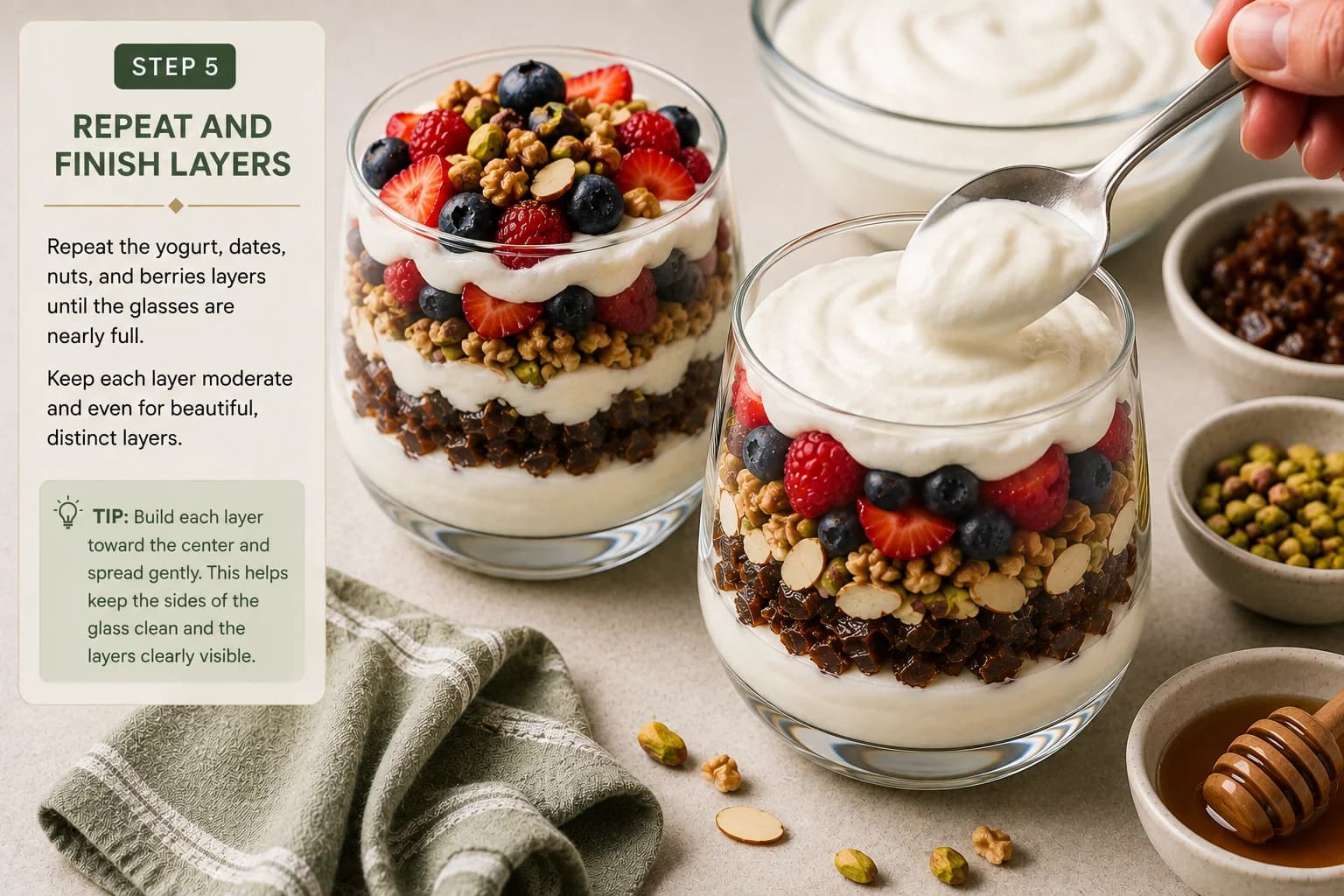 Hands carefully layering creamy yogurt, dates, nuts, and berries in a clear glass parfait.