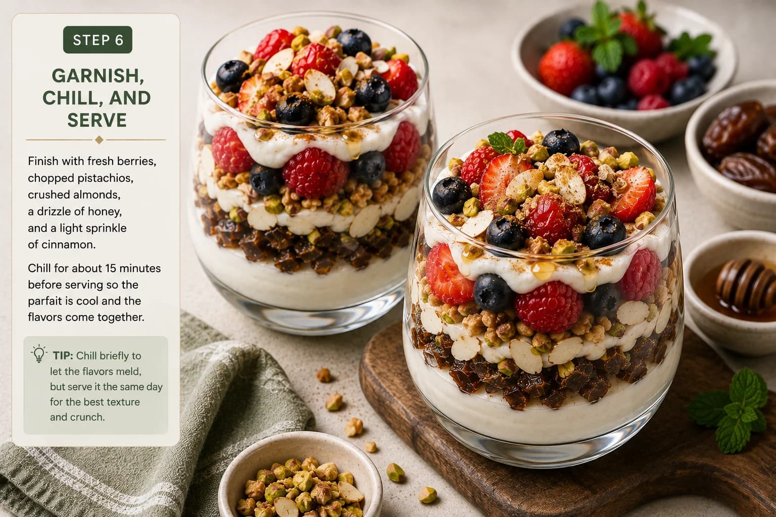 Finished baklava-inspired yogurt parfait garnished with berries, pistachios, almonds, honey, and cinnamon.
