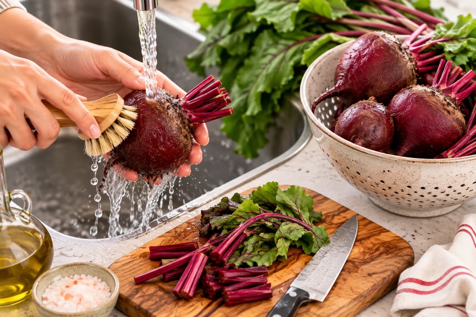 Fresh beetroots being cleaned and prepared for a Mediterranean beetroot salad.