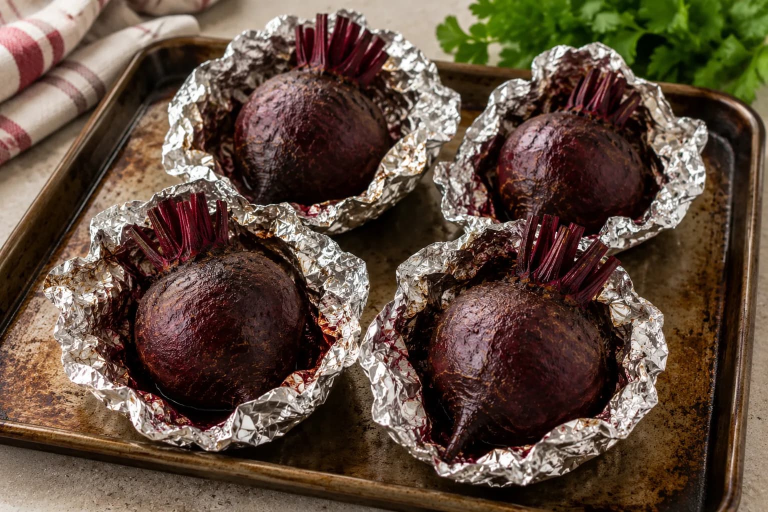 Whole beetroots wrapped and roasted until tender for a Mediterranean beetroot salad.