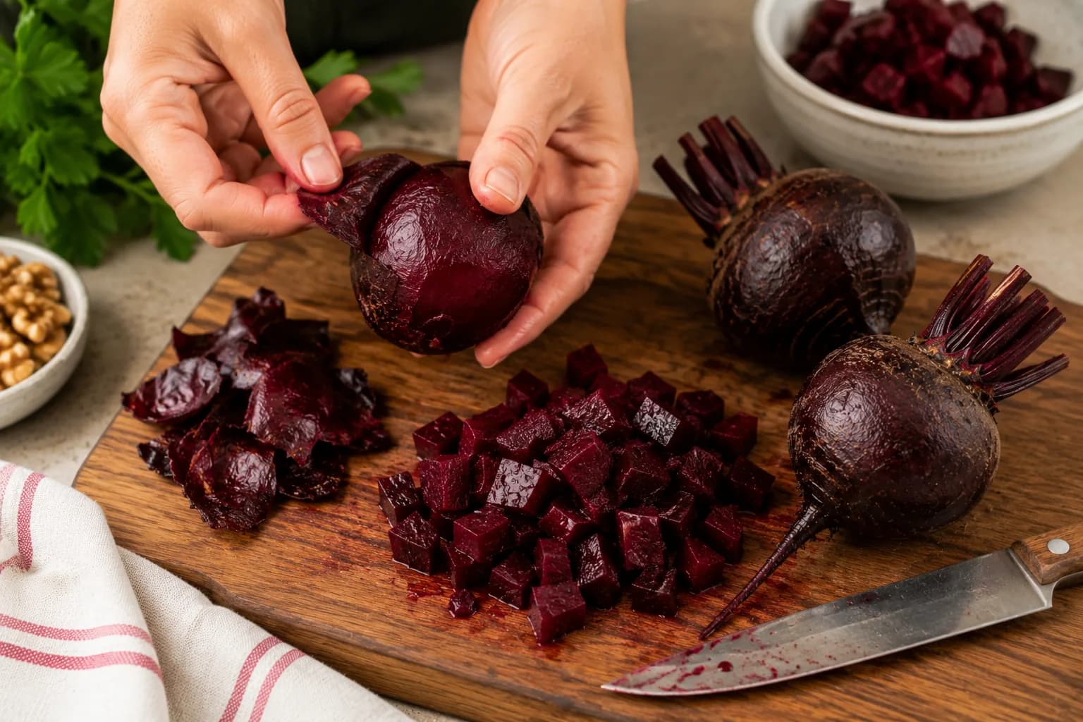 Roasted beetroots being peeled and cut into bite-sized cubes for salad.