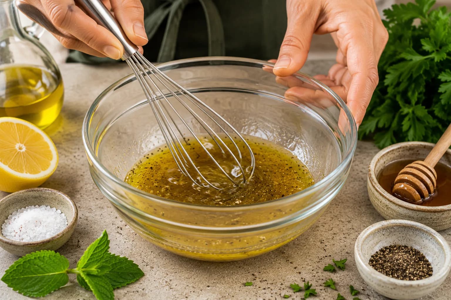Extra virgin olive oil, lemon juice, honey, salt, and black pepper being mixed into a beetroot salad dressing.