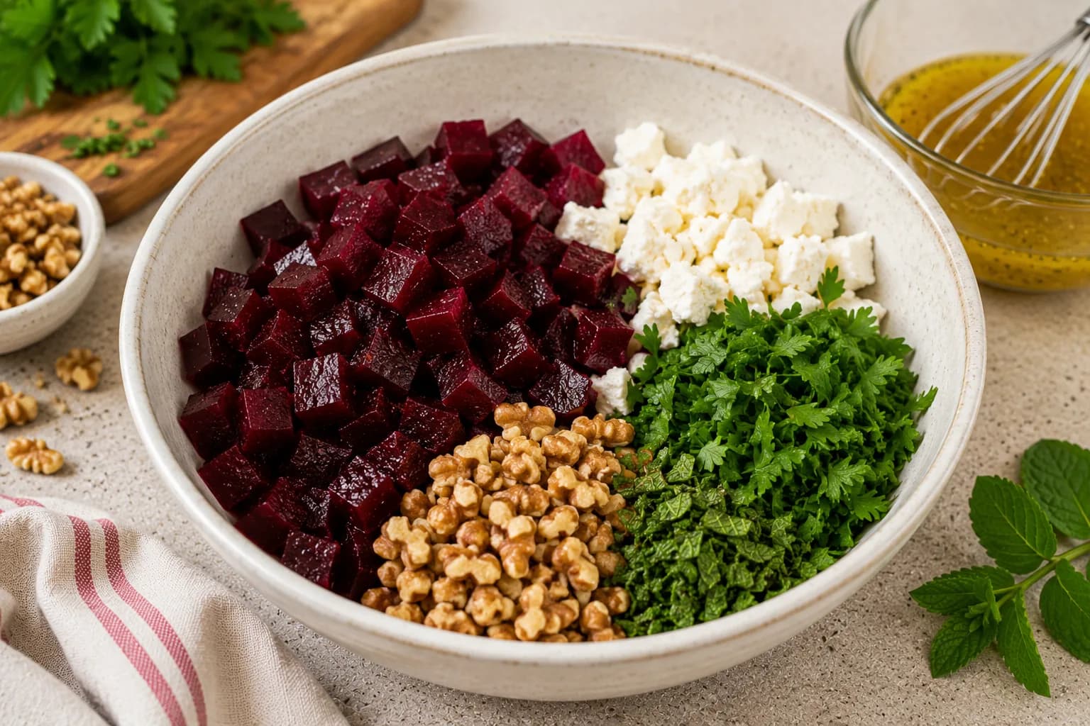 Roasted beetroot cubes with feta, walnuts, parsley, and mint being assembled into a Mediterranean salad.