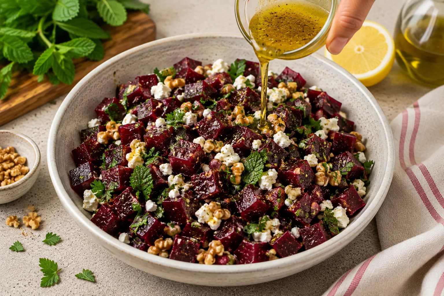 Finished Mediterranean beetroot salad with roasted beets, feta, walnuts, parsley, and mint.