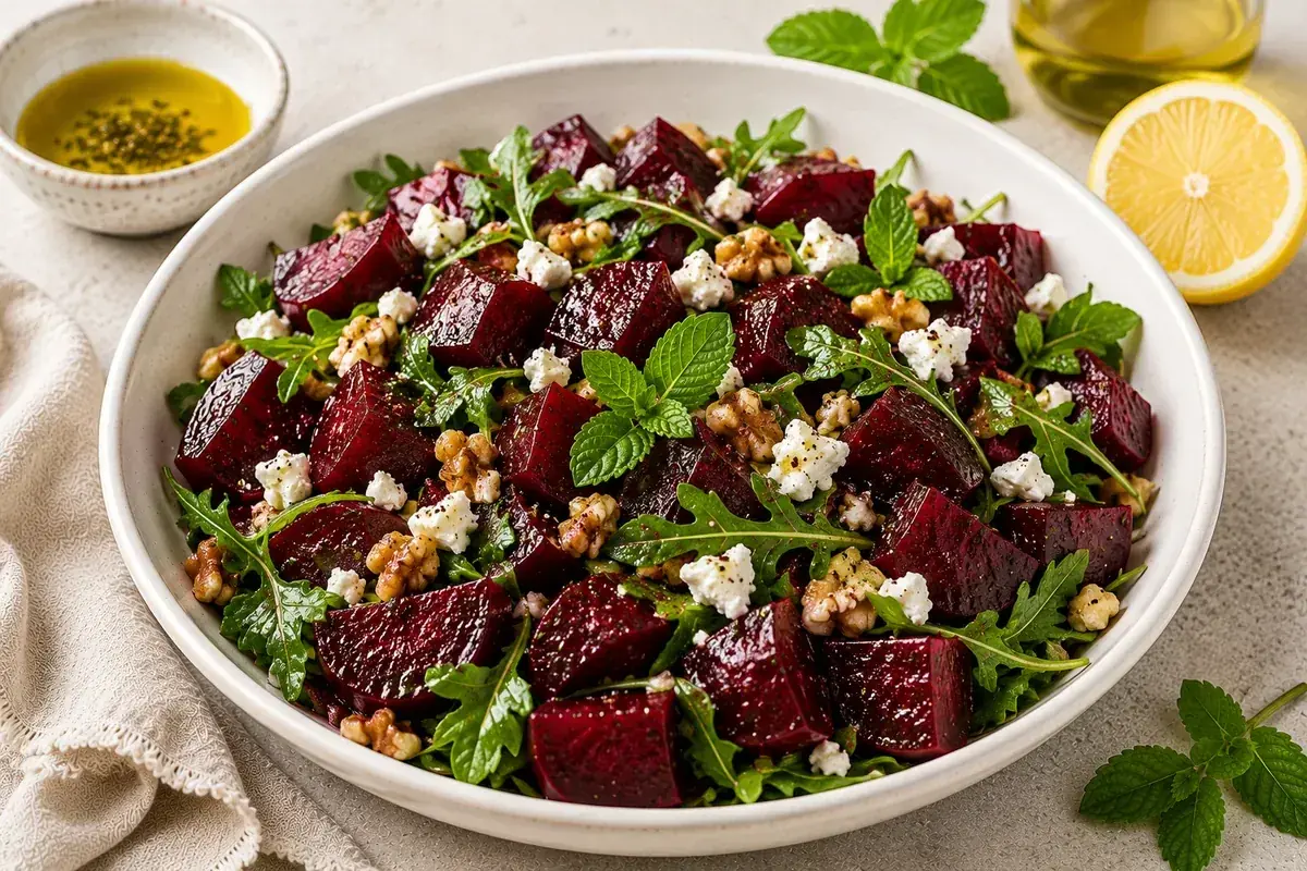 Mediterranean beetroot salad with roasted beets, feta cheese, walnuts, fresh parsley, and mint.