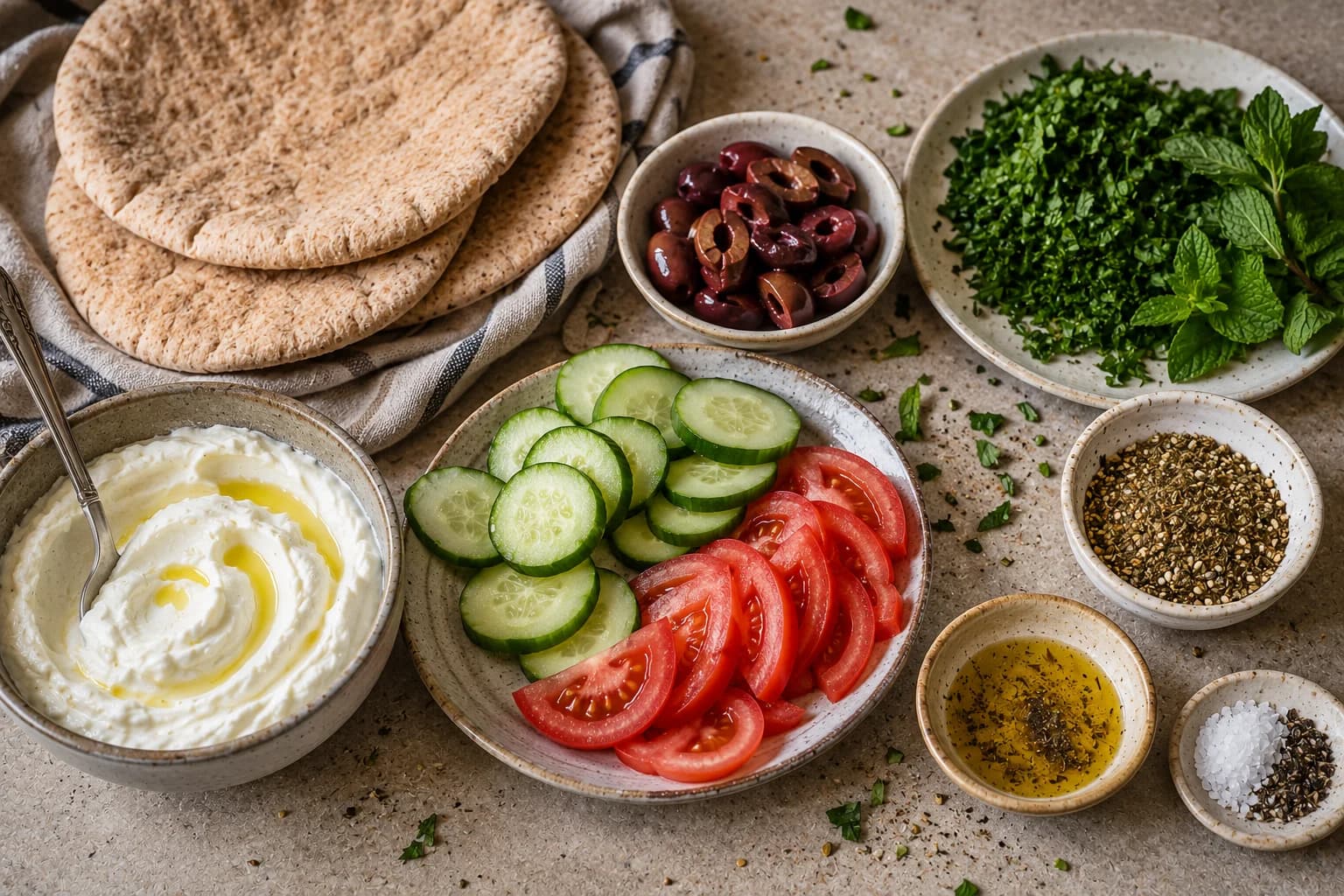 Fresh cucumber, tomato, Kalamata olives, parsley, mint, mixed greens, labneh, and za'atar prepared for a breakfast pita.