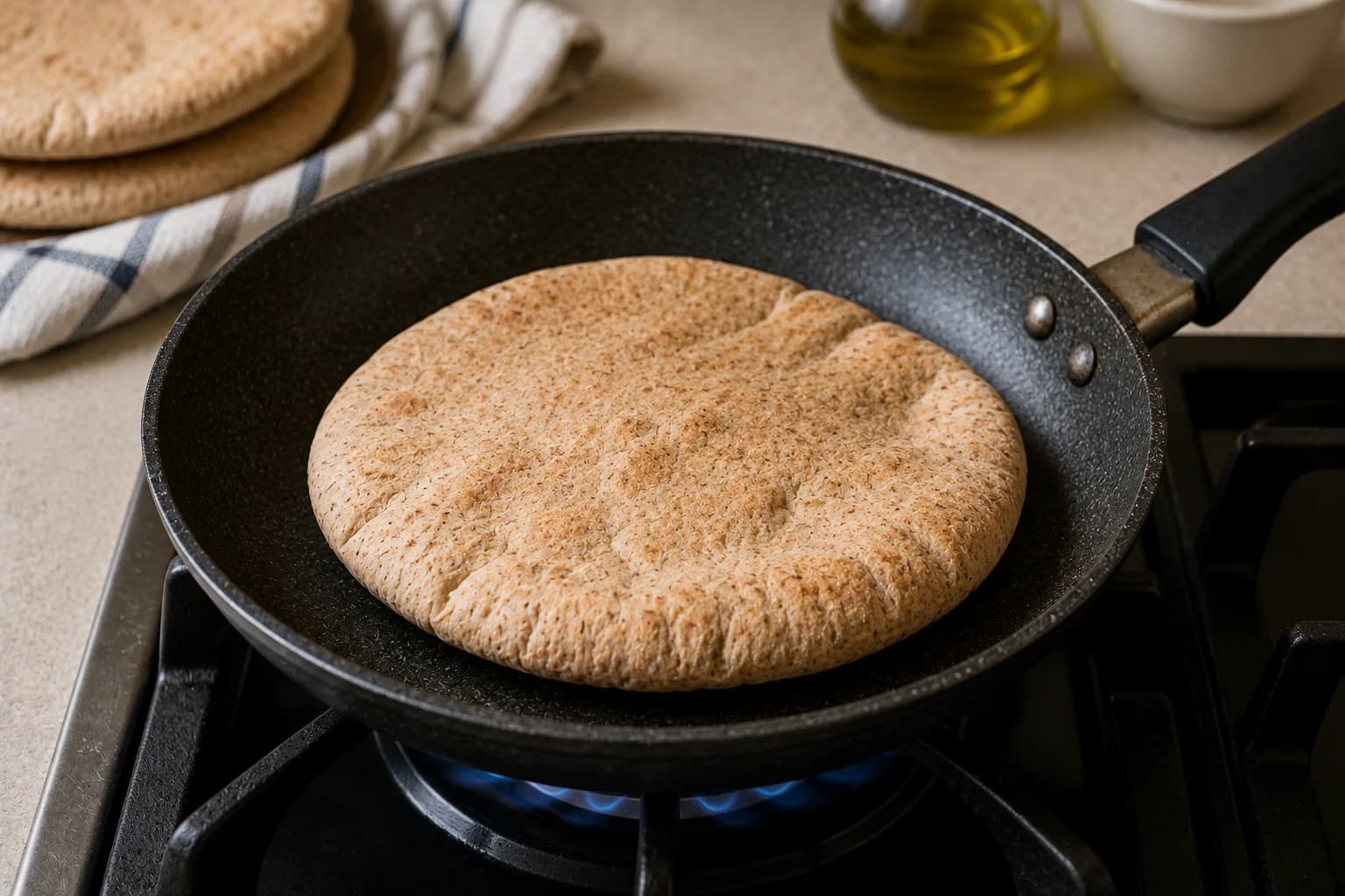 Whole wheat pita being gently warmed in a dry skillet until soft and flexible.