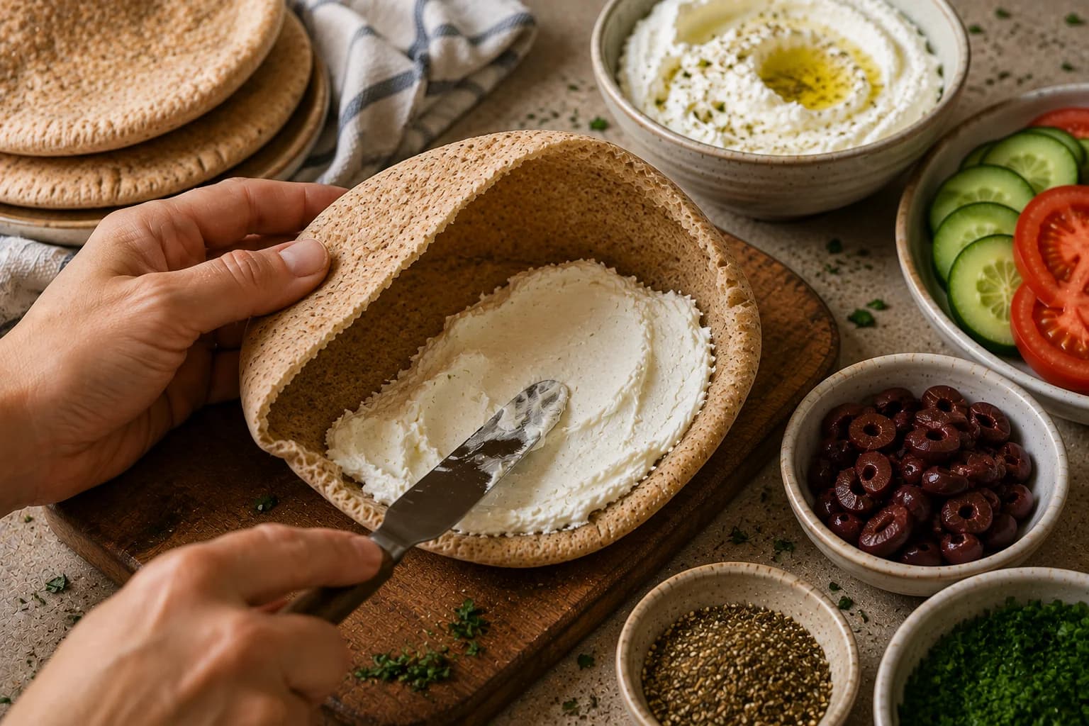 Hand opening a warm whole wheat pita pocket and spreading creamy labneh evenly inside.