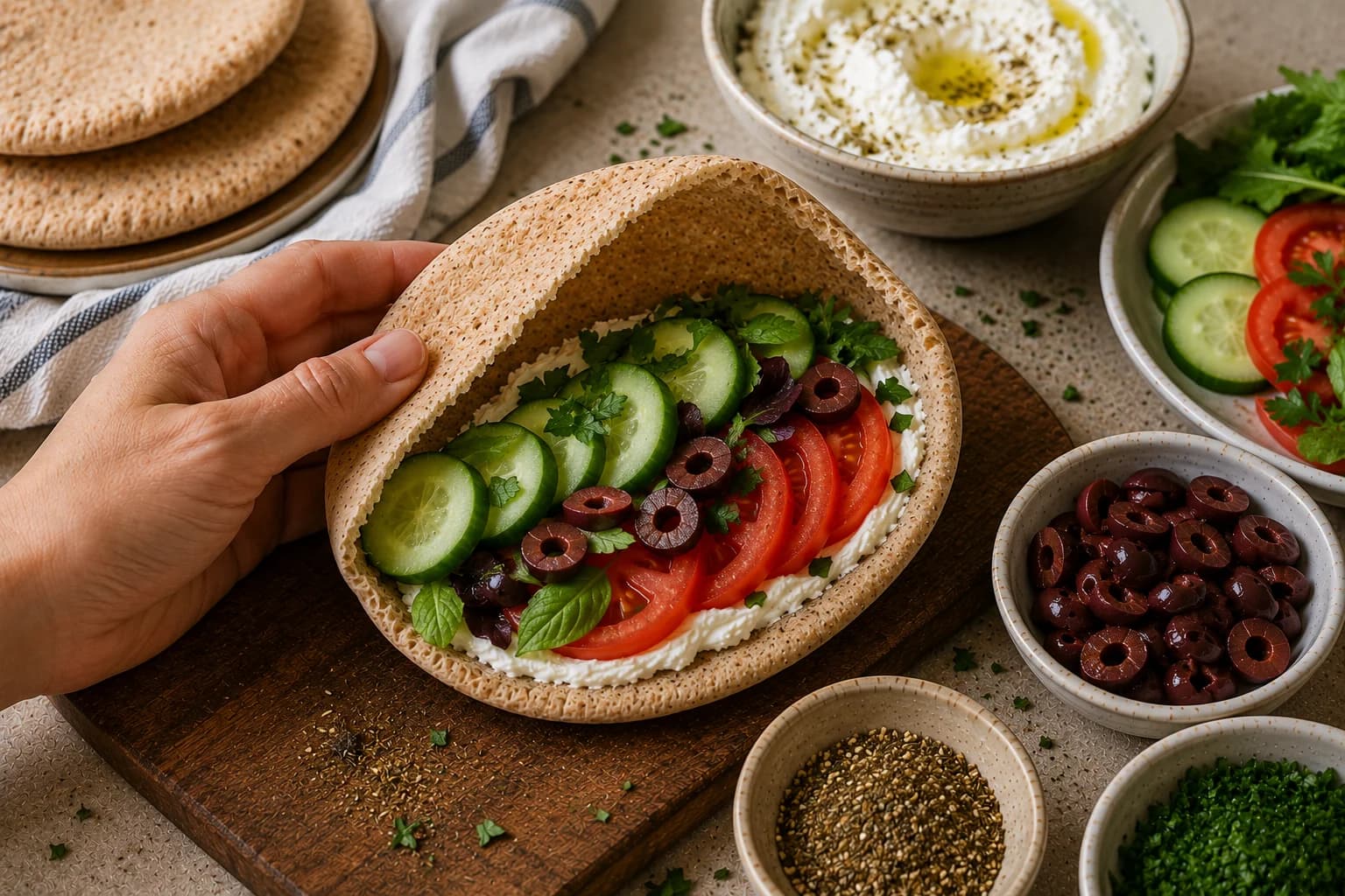 Fresh cucumber, tomato, Kalamata olives, and greens being layered inside a labneh-filled pita pocket.