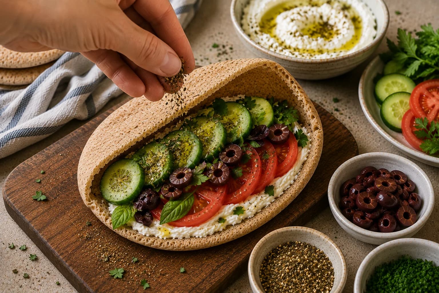 Breakfast pita being seasoned with za'atar, fresh herbs, black pepper, and extra virgin olive oil.