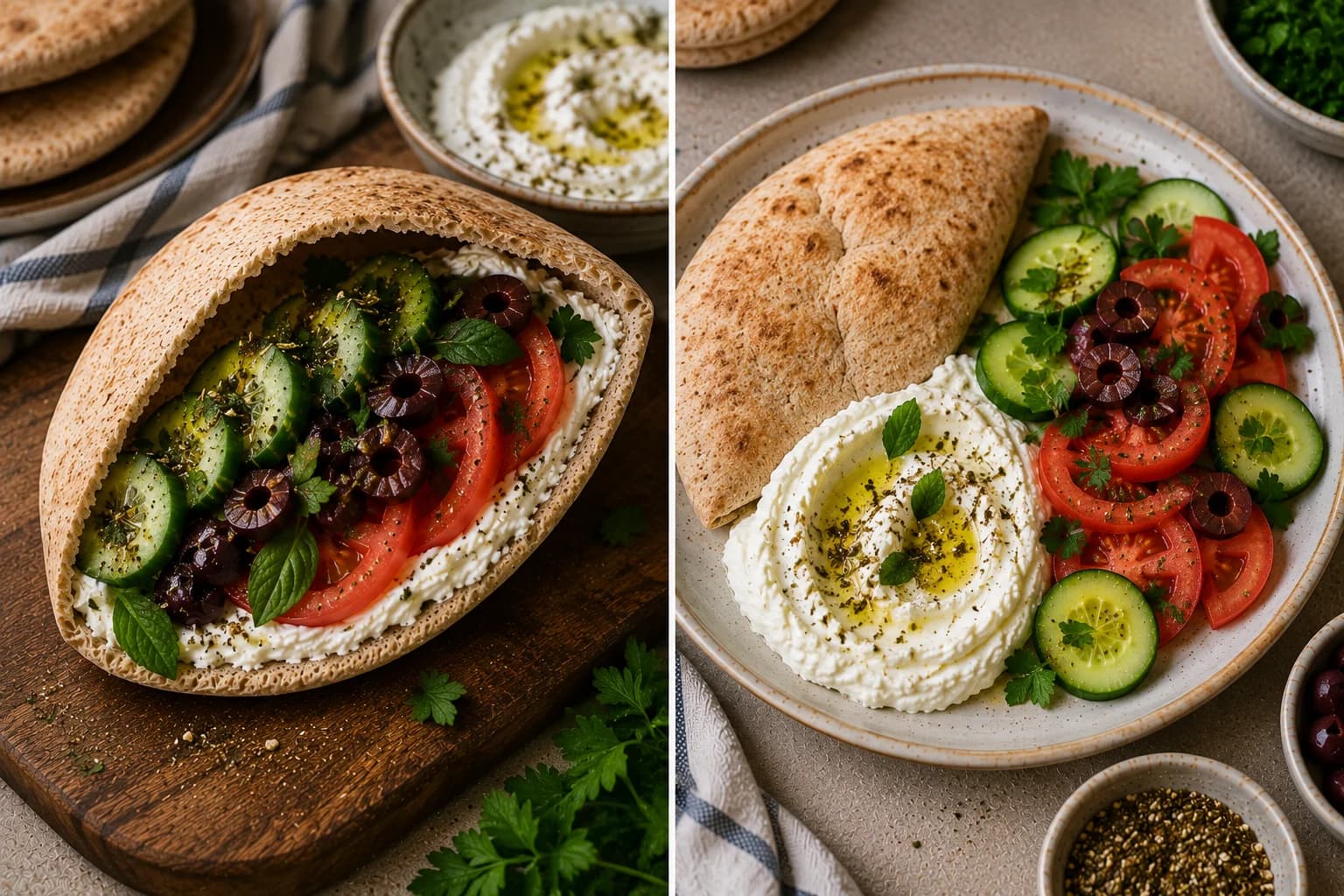 Finished whole wheat breakfast pita filled with labneh, fresh vegetables, olives, herbs, za'atar, and olive oil on a serving plate.