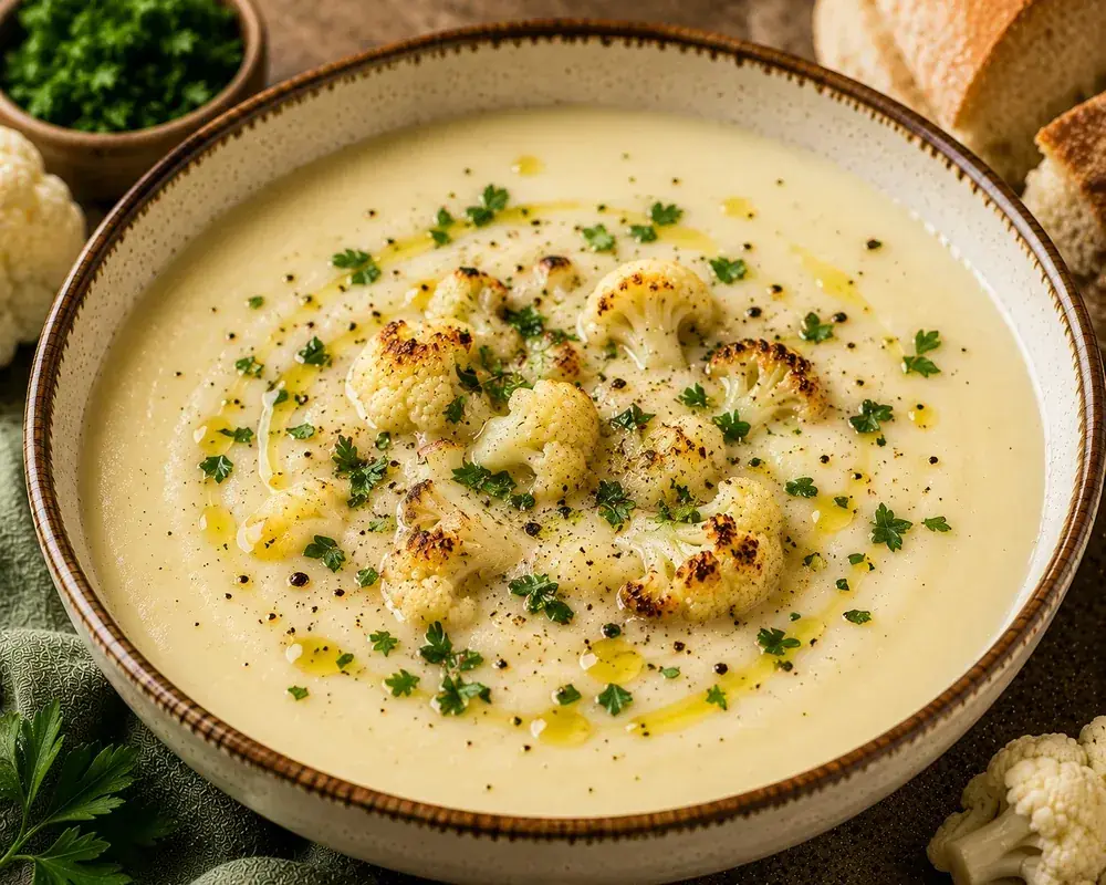 Silky roasted cauliflower soup in a bowl, garnished with parsley, cracked black pepper, roasted cauliflower florets, and extra virgin olive oil.