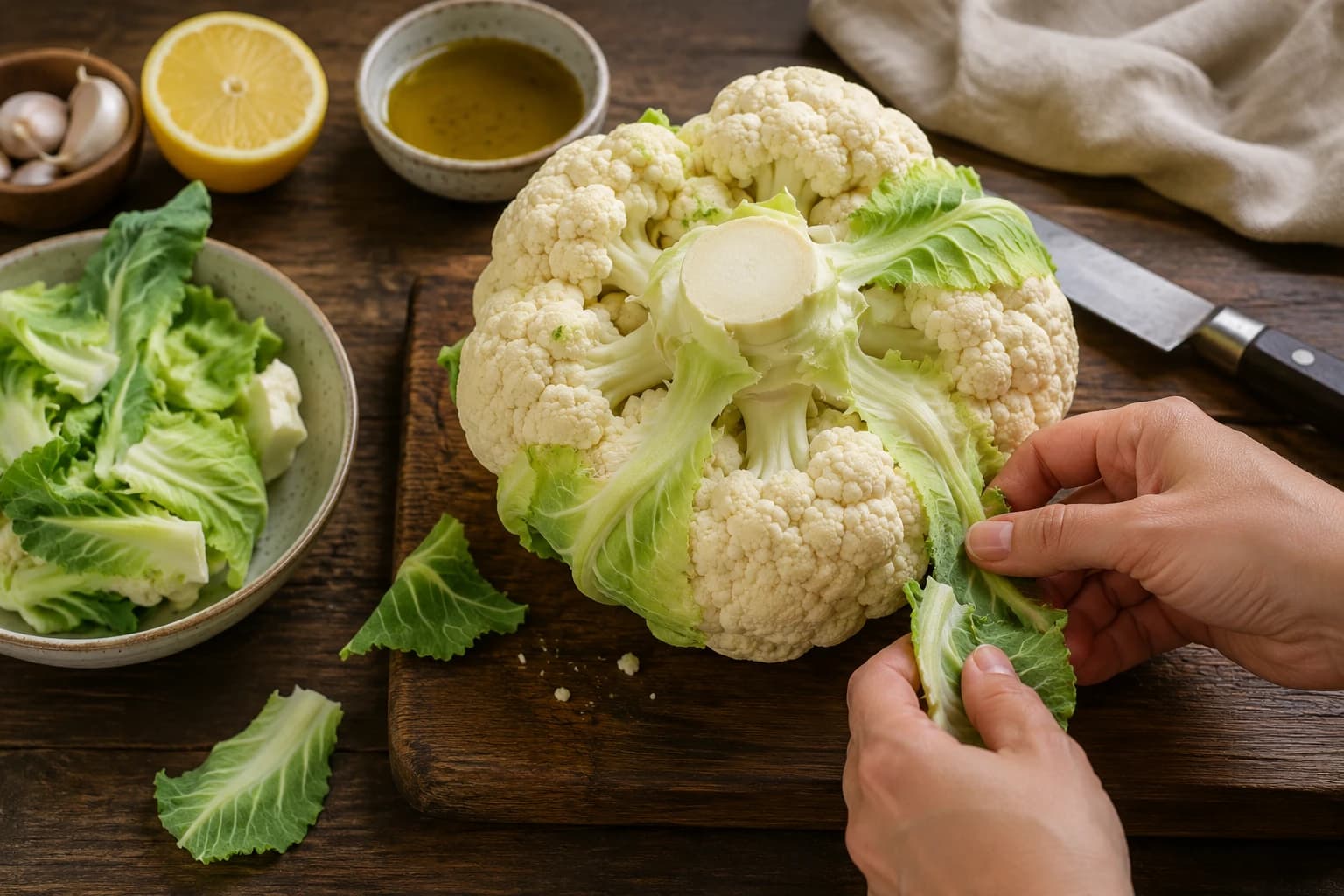 Whole cauliflower prepared for cutting into thick center slices.