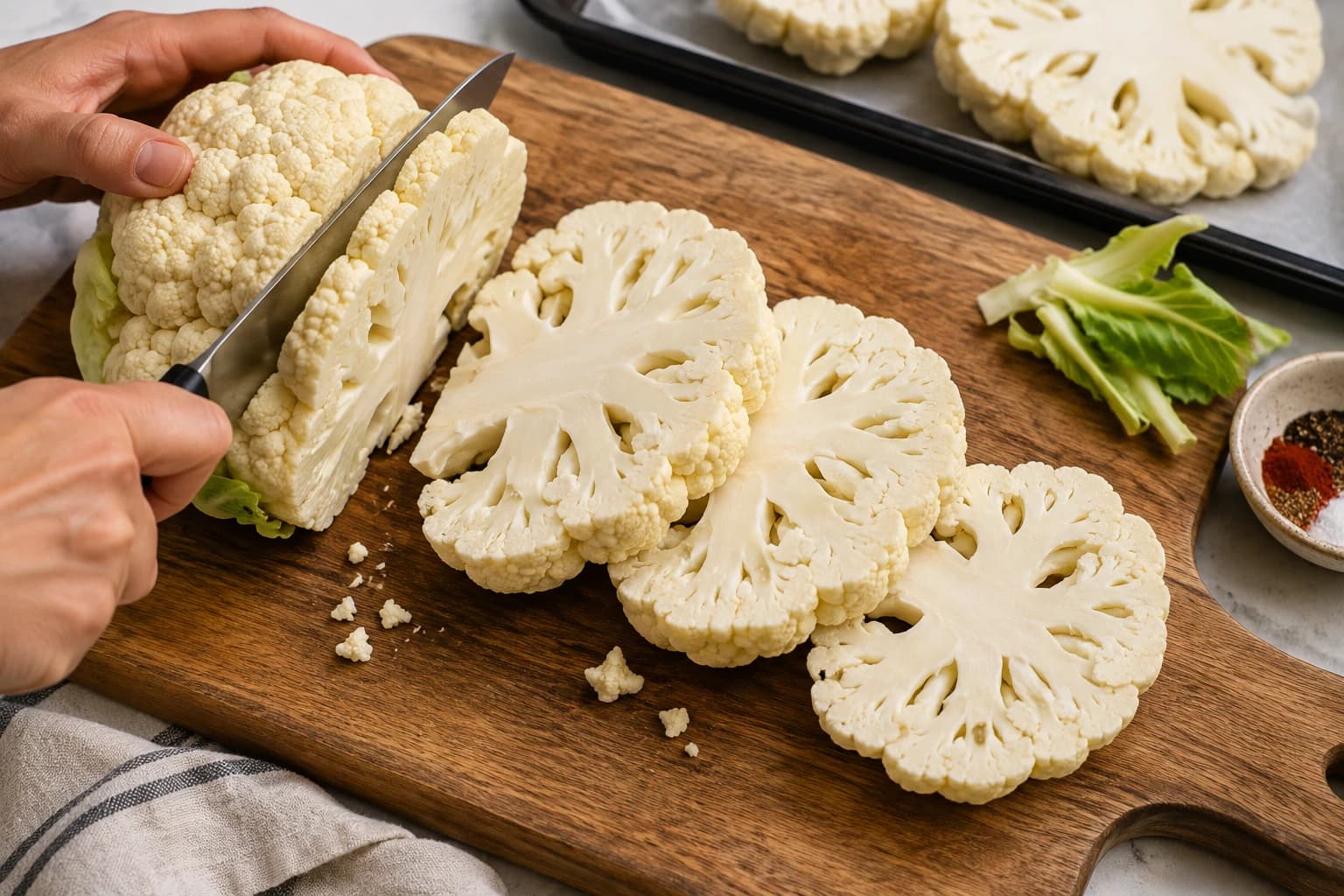Cauliflower being sliced into thick one-inch steaks with the central stem intact.