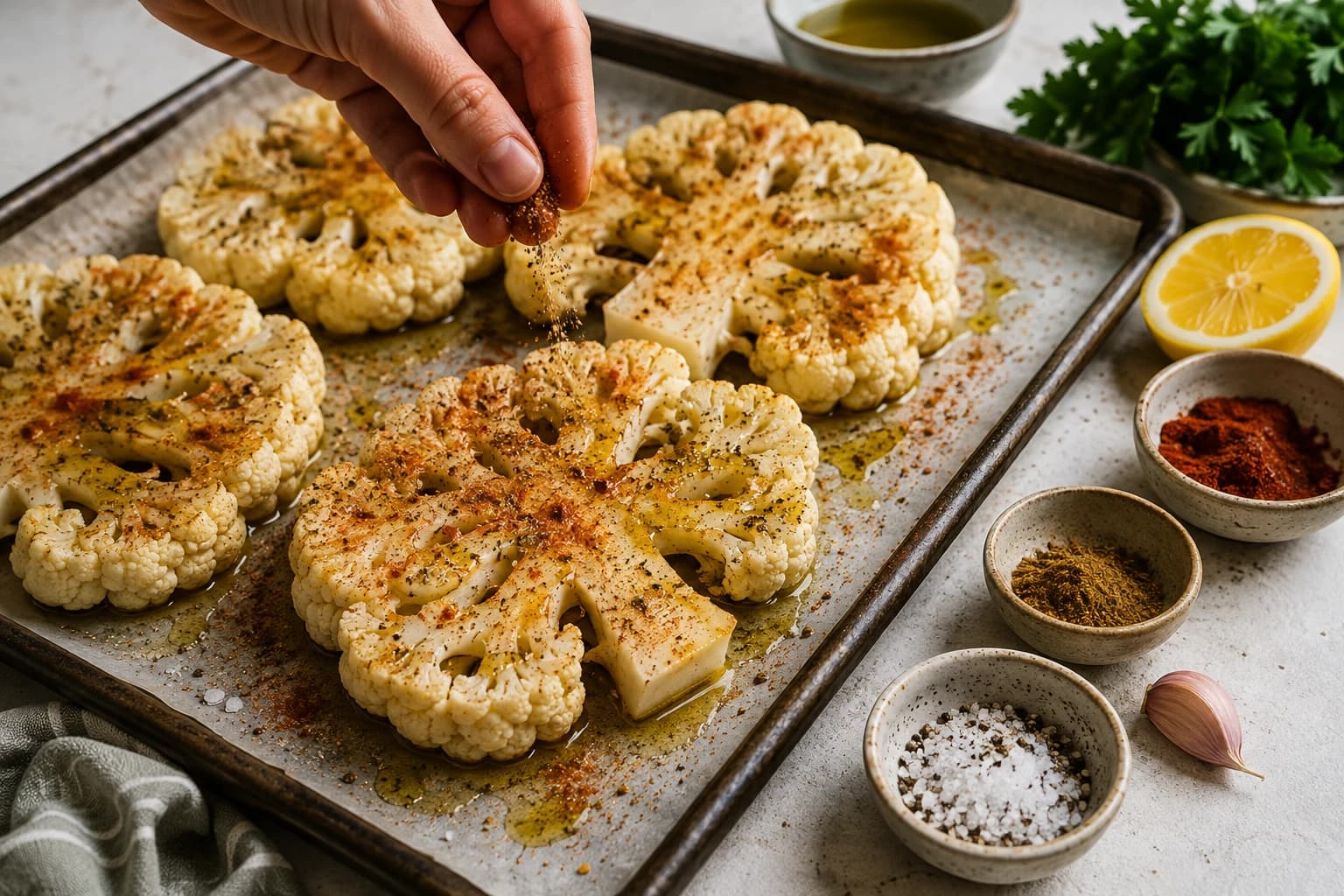 Cauliflower steaks coated with olive oil and Mediterranean spices.