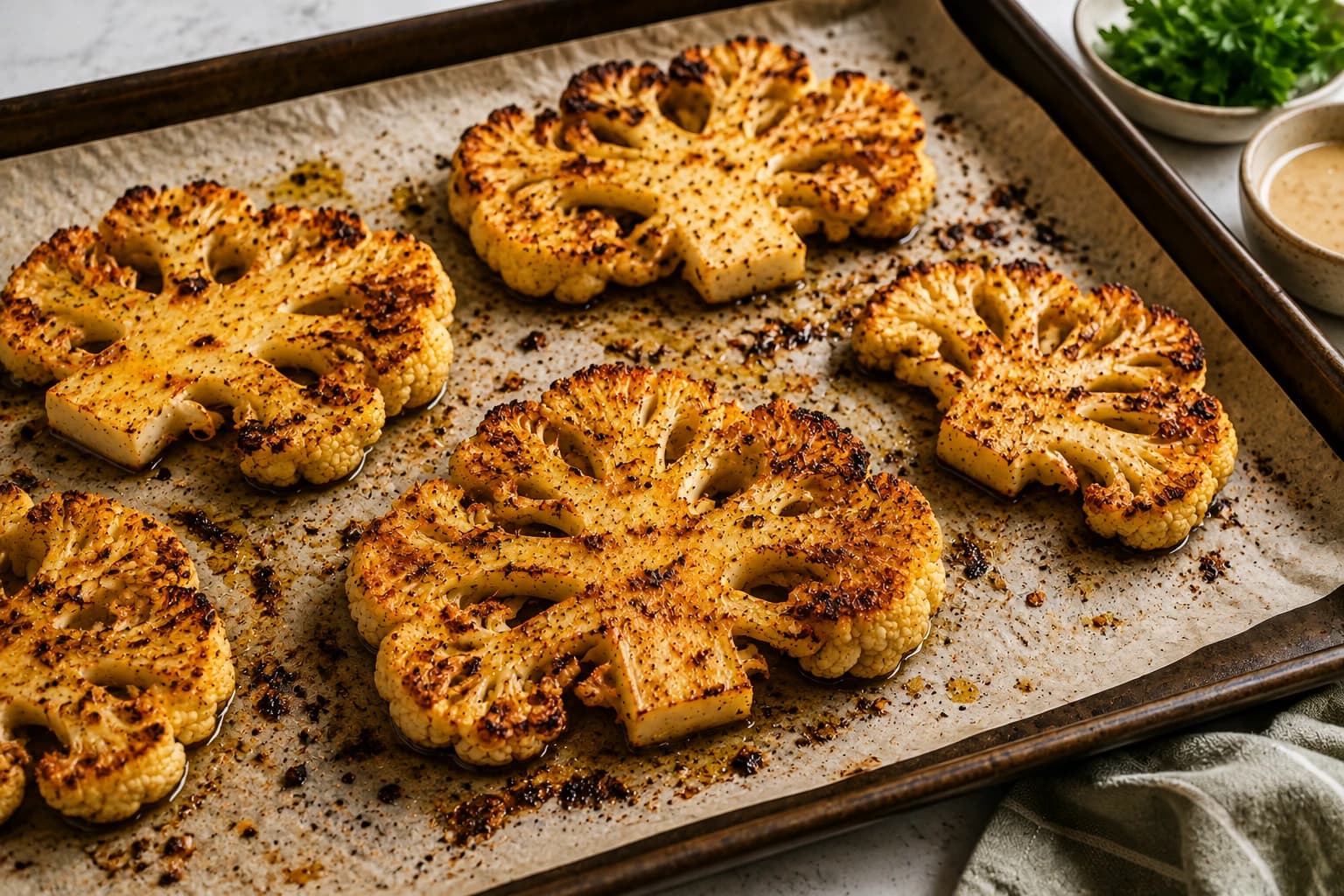Cauliflower steaks roasting on a parchment-lined tray until golden brown.