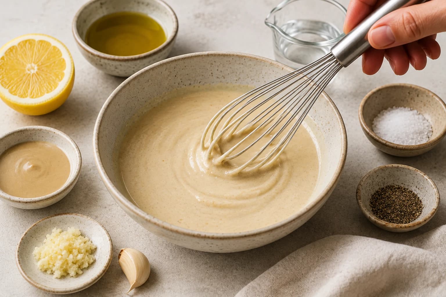 Creamy lemon tahini sauce being whisked until smooth and pourable.