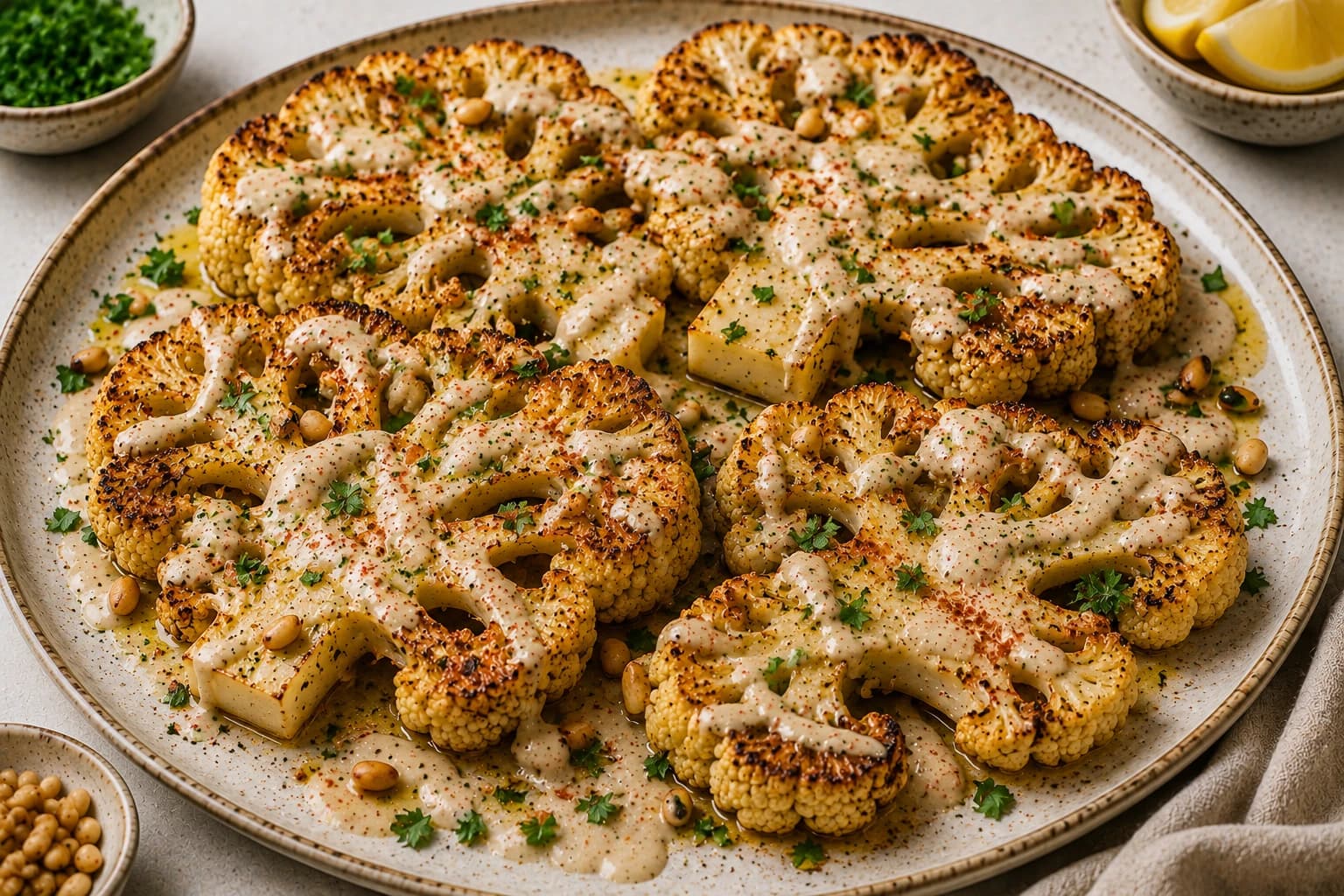 Roasted cauliflower steaks finished with lemon tahini sauce, pine nuts, parsley, and smoked paprika.