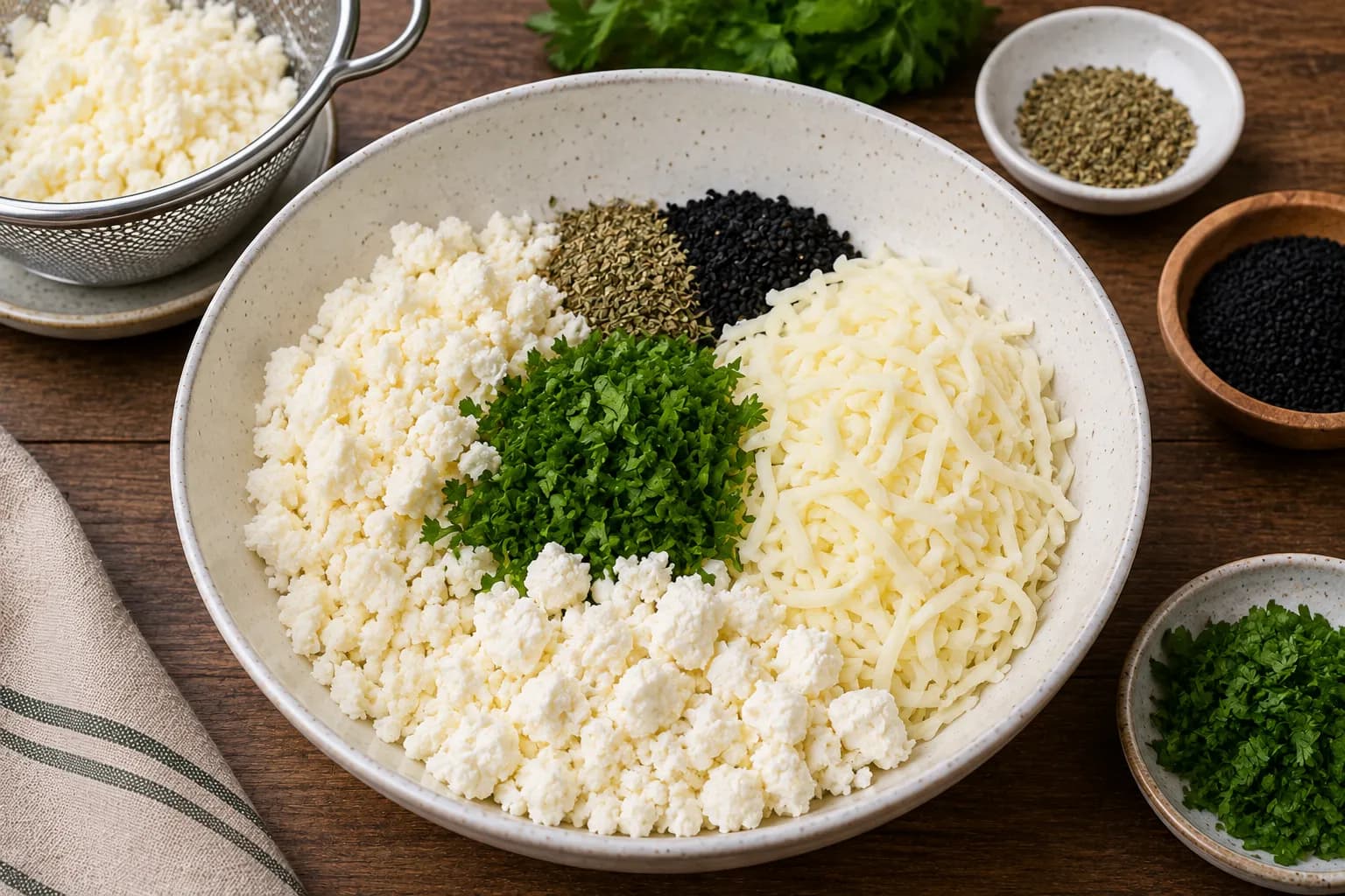 Natural cheese mixture with Akkawi, mozzarella, feta, parsley, oregano, and nigella seeds for cheese fatayer.