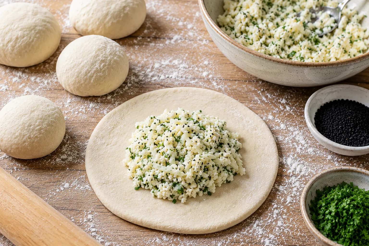 Light tan whole wheat dough rolled into a circle with cheese filling in the center.