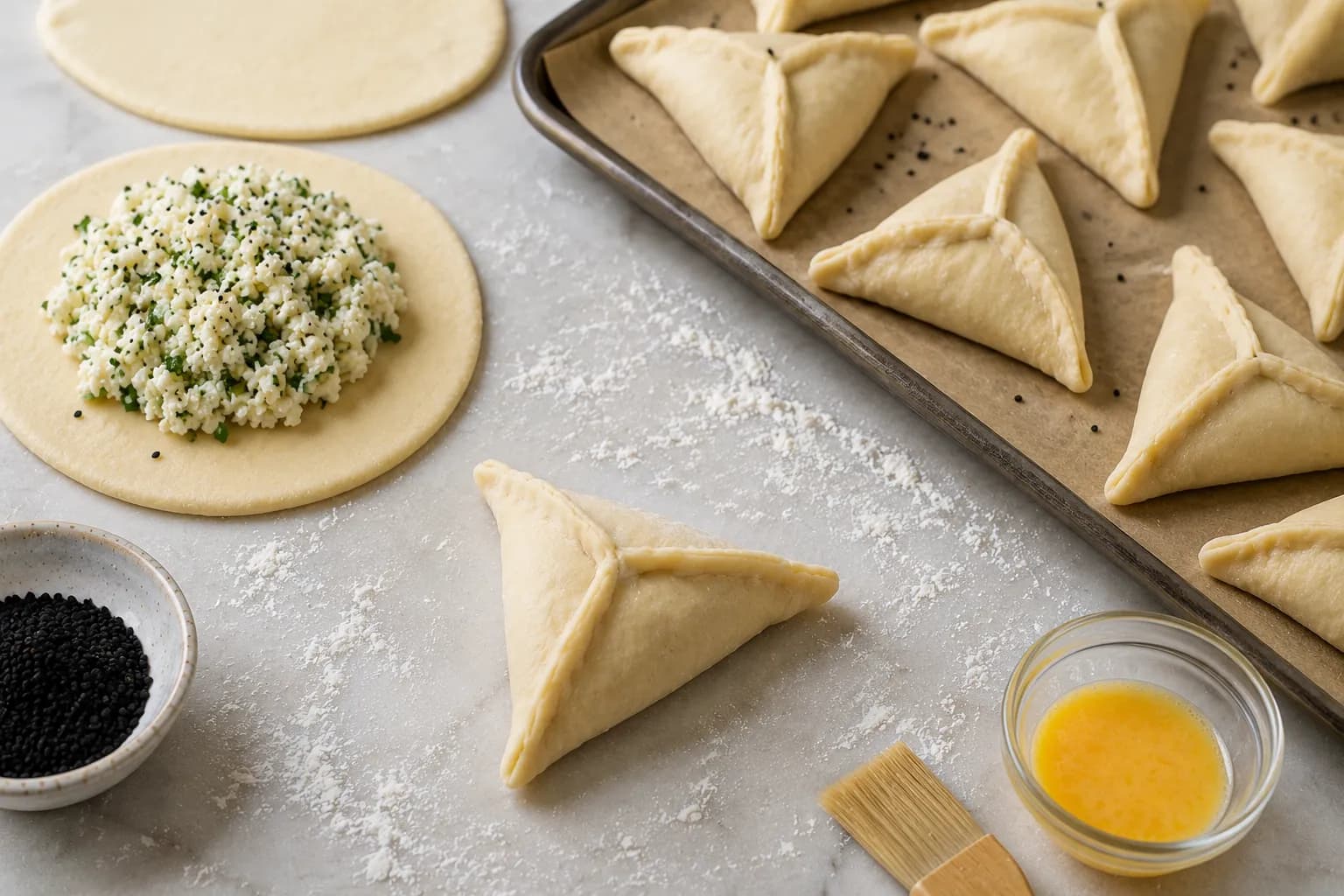 Cheese-filled dough being shaped into a traditional triangular Lebanese fatayer.