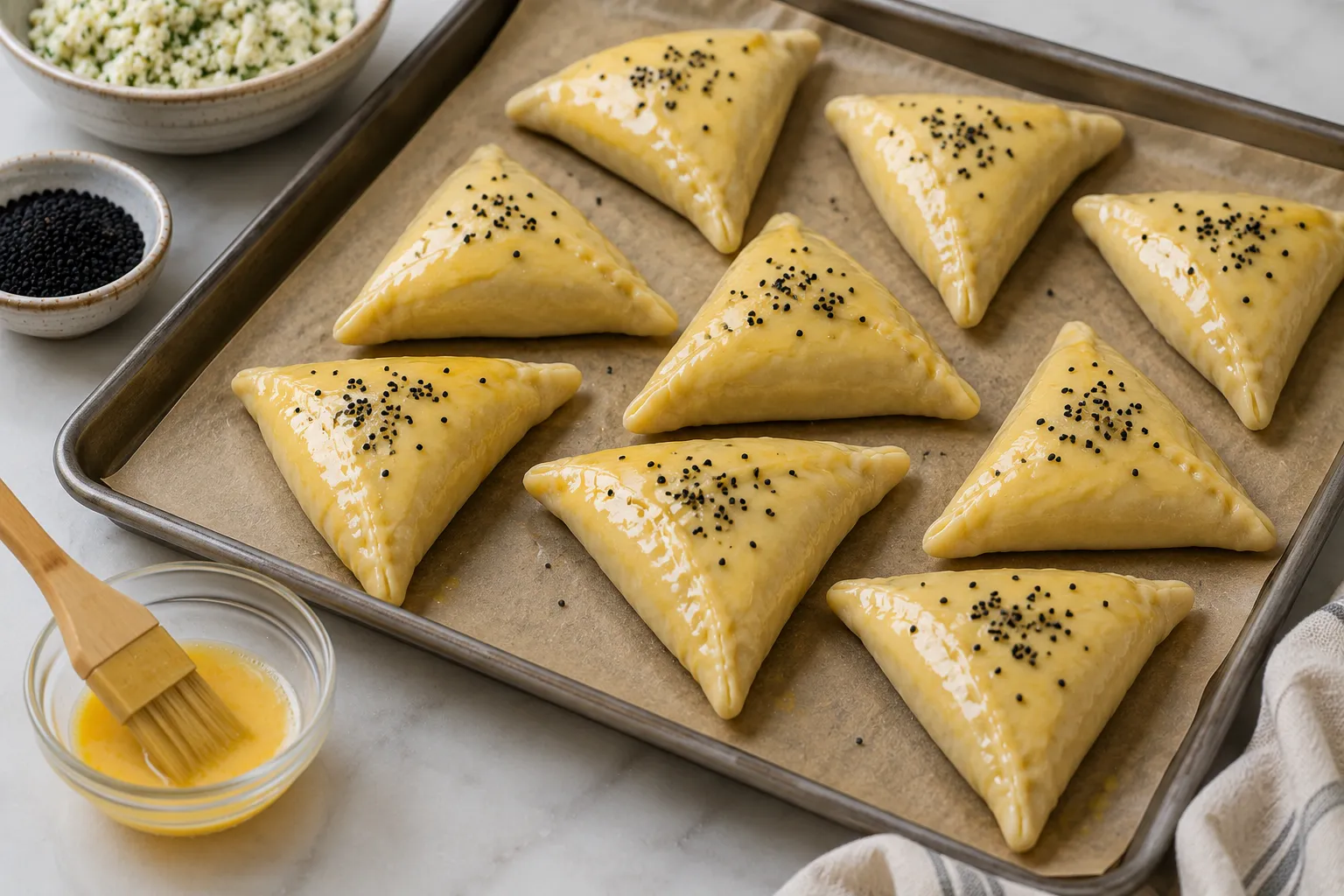 Triangular Lebanese cheese fatayer being lightly brushed with beaten egg.