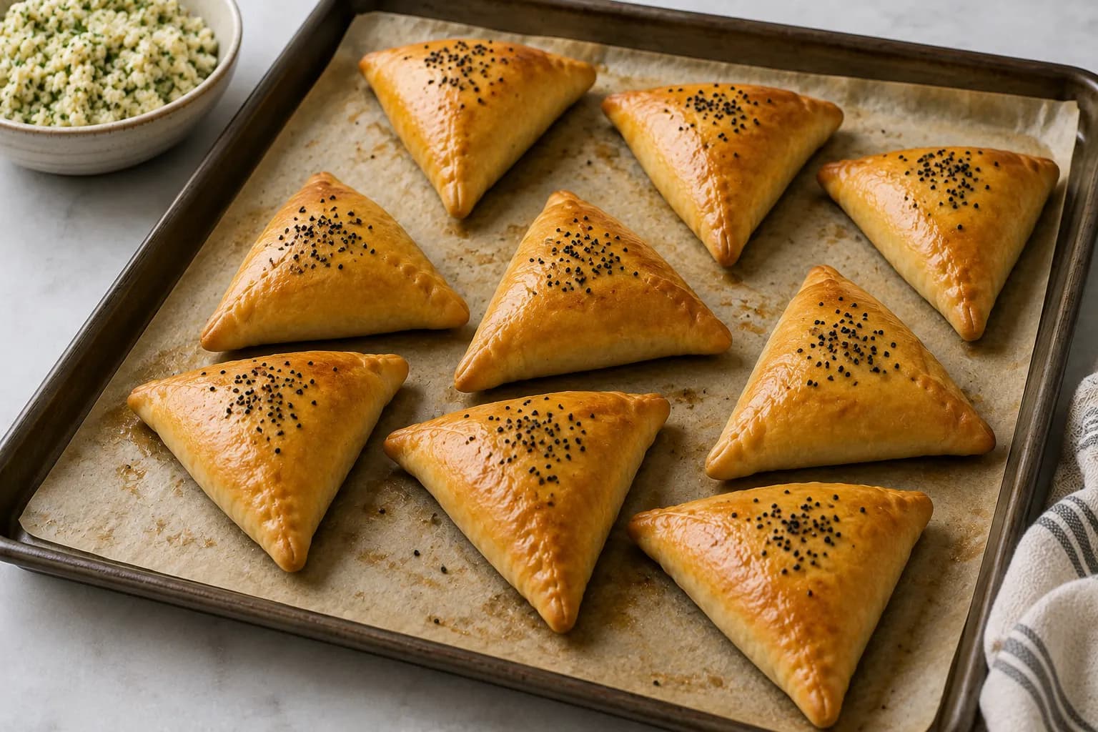 Freshly baked Lebanese cheese fatayer with golden pastry and melted cheese filling.