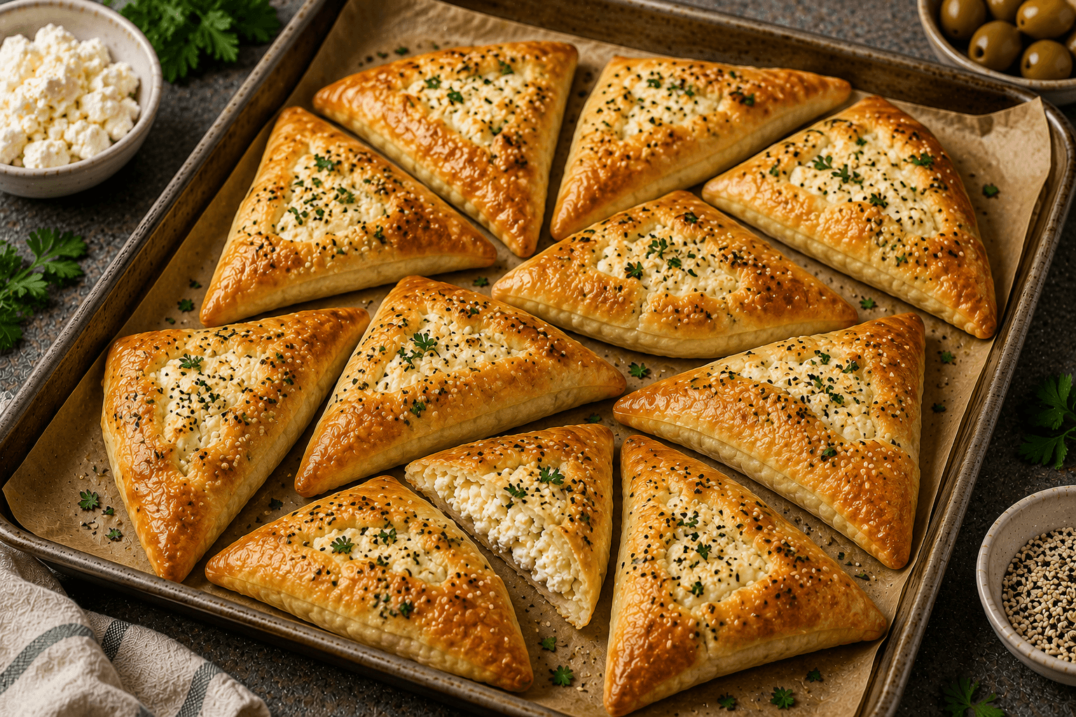 Freshly baked Lebanese cheese fatayer arranged on a serving board with parsley and black nigella seeds.