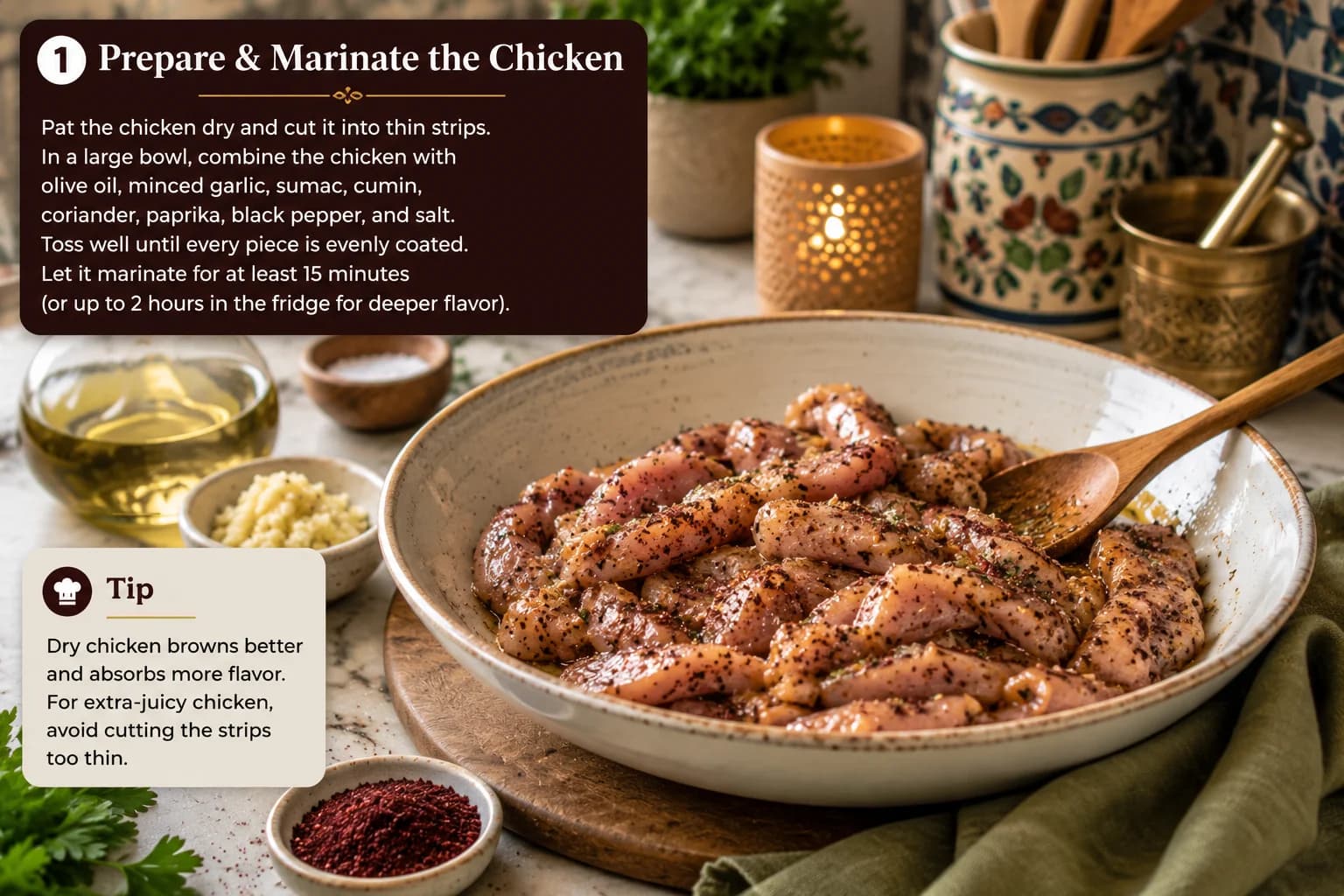 Thin chicken strips being evenly seasoned with olive oil, garlic, sumac, and Mediterranean spices in a stylish kitchen.