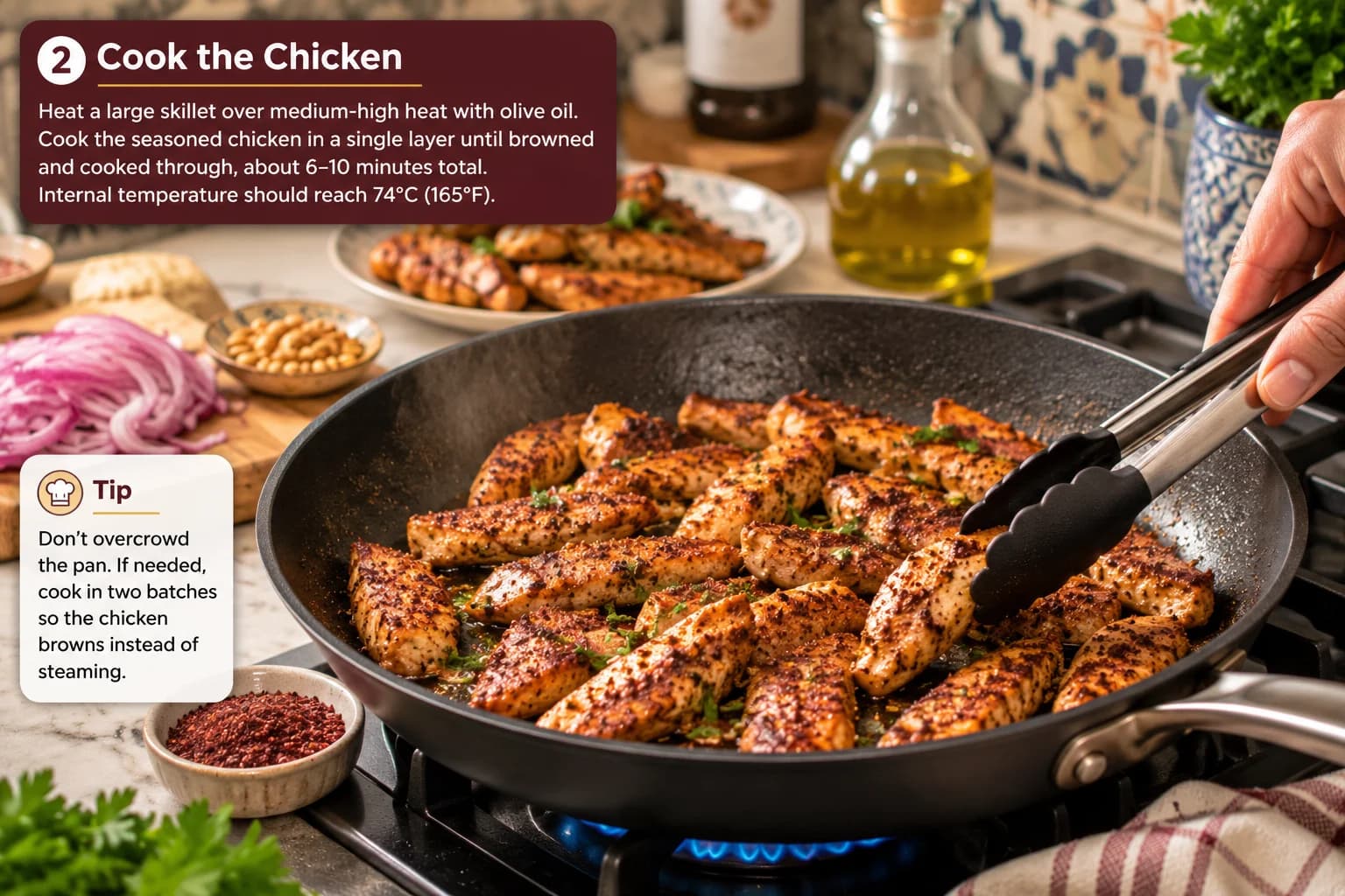 Sumac-seasoned chicken strips cooking in a hot skillet until browned and fully cooked in a stylish Mediterranean kitchen.