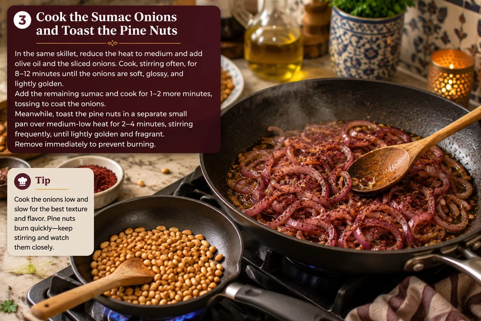 Softened sumac onions cooking in the chicken skillet while pine nuts toast in a separate small pan in a stylish kitchen.
