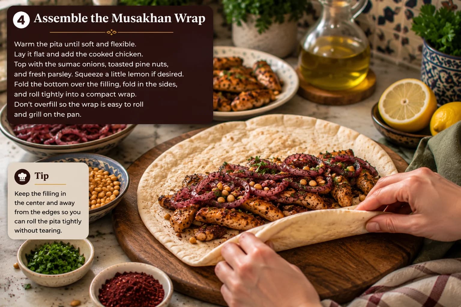 Warm pita being filled with Palestinian Musakhan chicken, sumac onions, toasted pine nuts, and fresh parsley in a stylish kitchen.