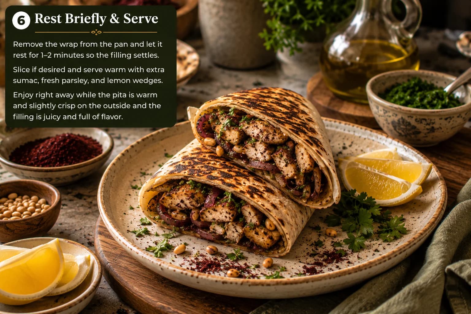 Finished Palestinian Musakhan chicken pita wrap with toasted taboon-style exterior, fresh parsley, sumac, and lemon in a stylish kitchen.