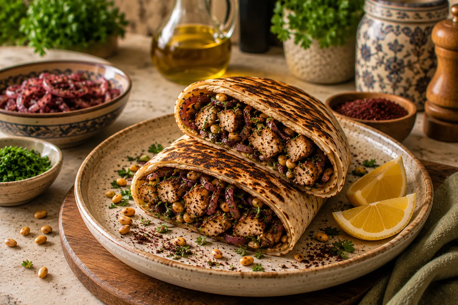 Palestinian Musakhan chicken pita wrap filled with sumac-seasoned chicken, softened sumac onions, toasted pine nuts, fresh parsley, and olive oil.