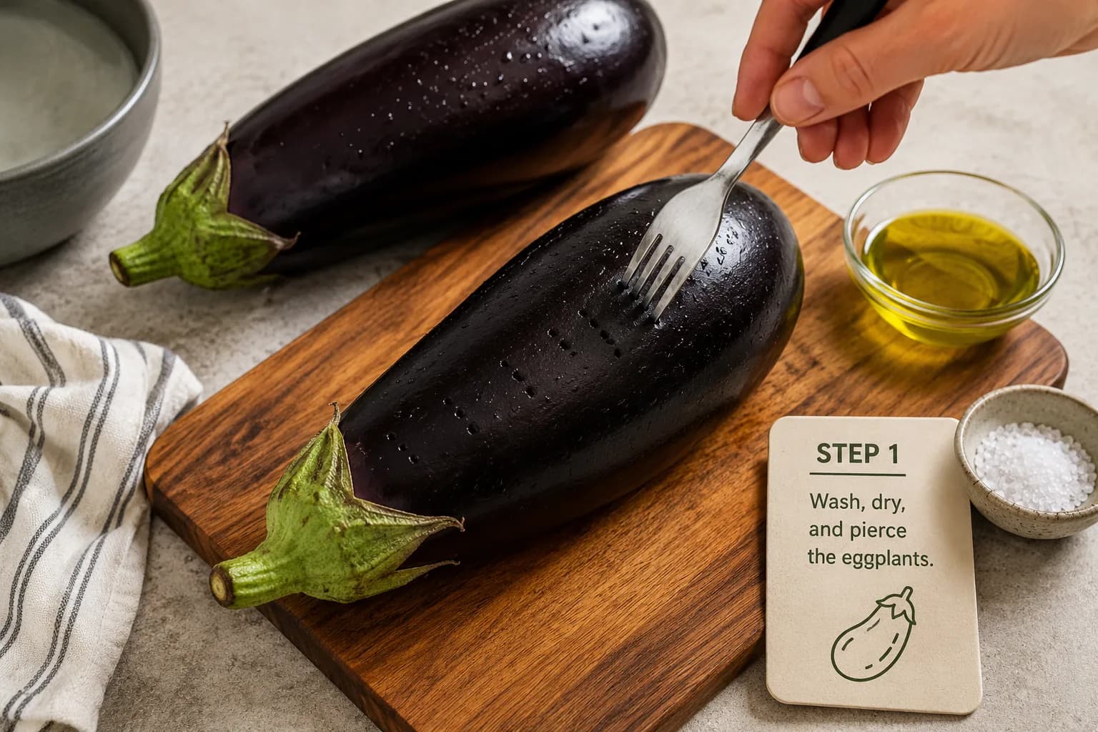 Two whole eggplants being prepared and pierced before roasting.