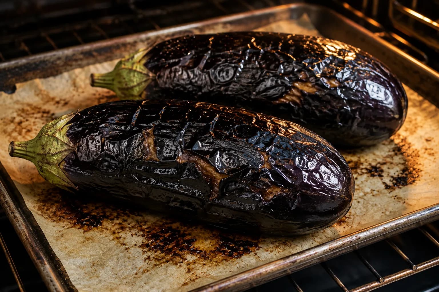 Roasted eggplants with deeply blistered skins ready for baba ganoush.