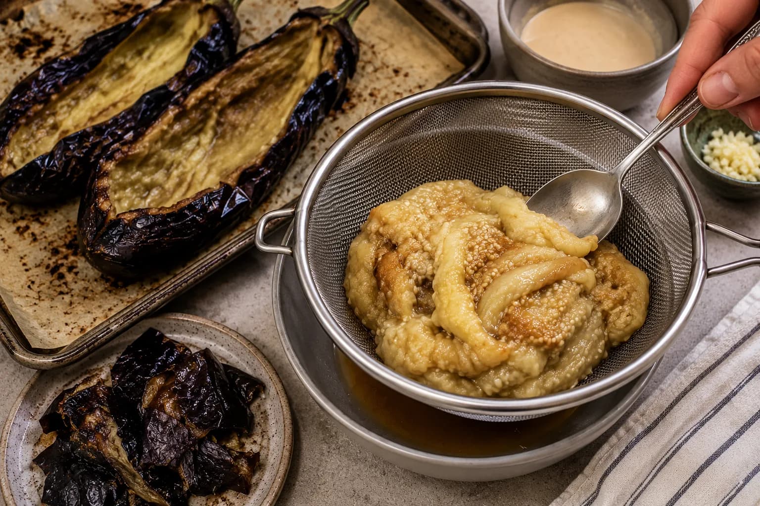 Tender roasted eggplant flesh being scooped from the skin and drained in a fine-mesh strainer.