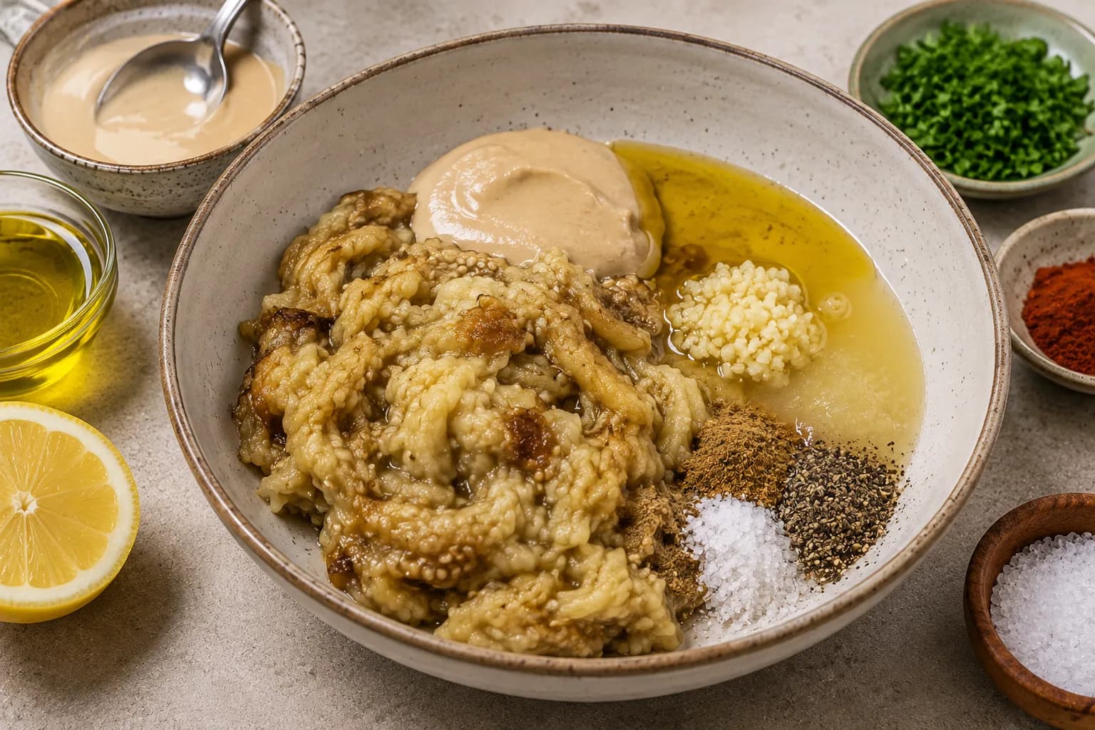 Roasted eggplant combined with tahini, lemon, garlic, olive oil, and seasonings.