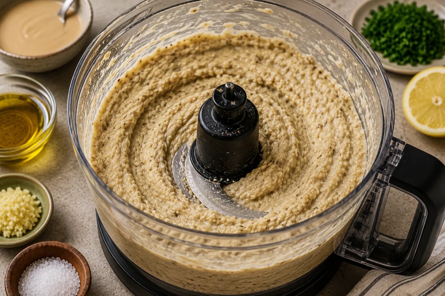 Baba ganoush being blended to a creamy but slightly textured consistency.