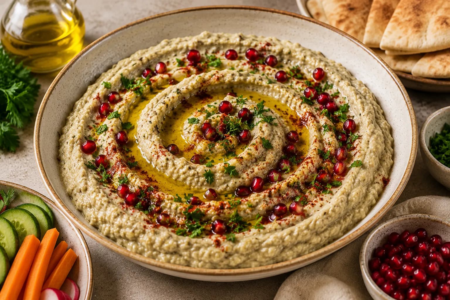 Finished baba ganoush in a serving bowl with olive oil, parsley, paprika, pomegranate seeds, and warm pita.