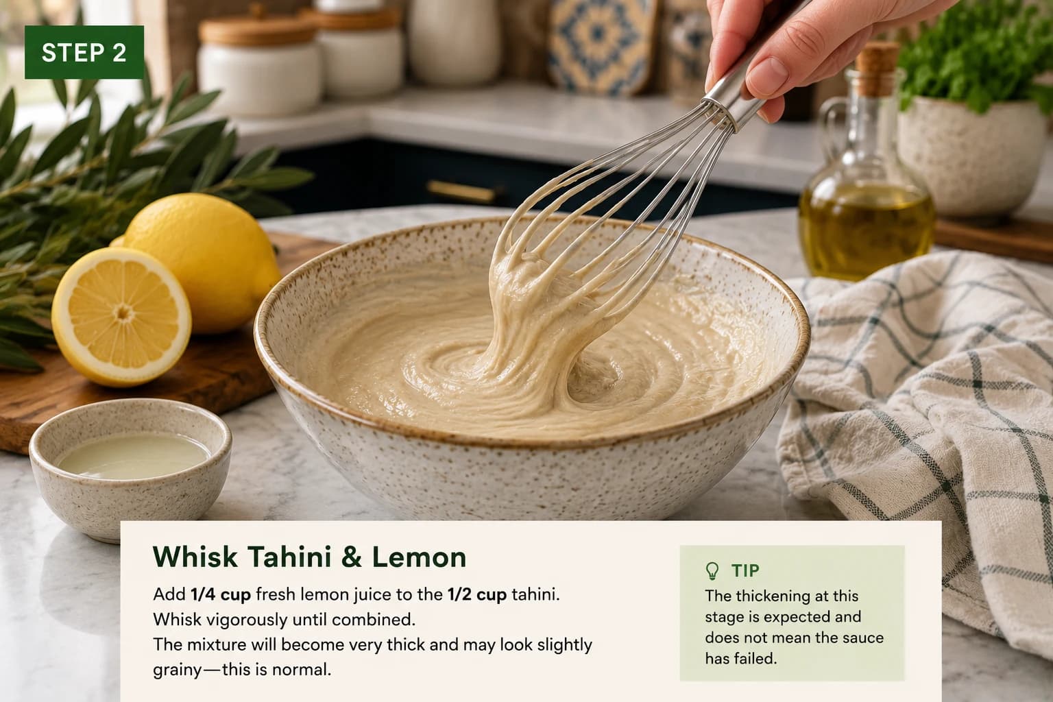 Whisking 1/4 cup fresh lemon juice into 1/2 cup tahini until the mixture thickens.