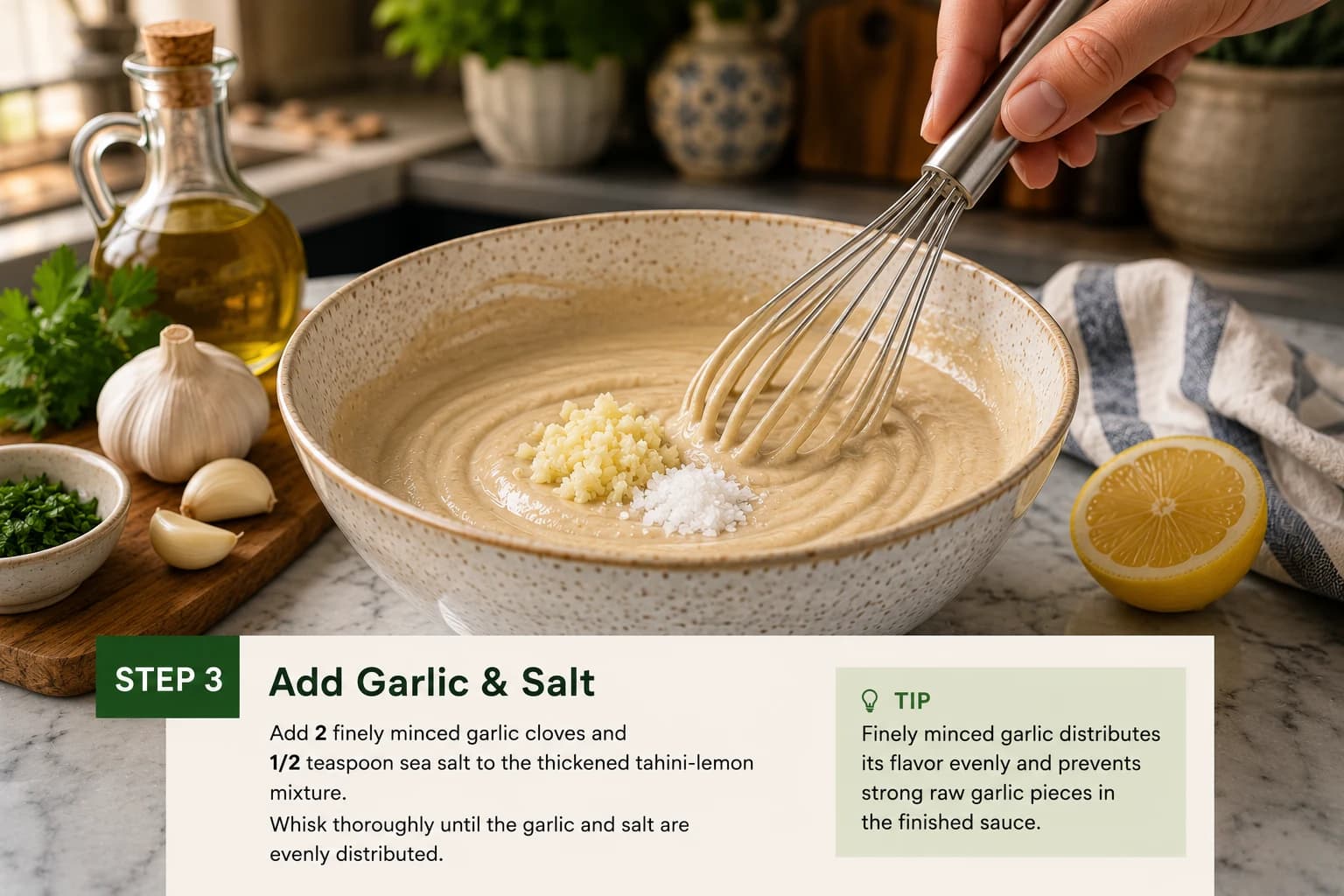 Adding 2 minced garlic cloves and 1/2 teaspoon sea salt to thickened tahini.