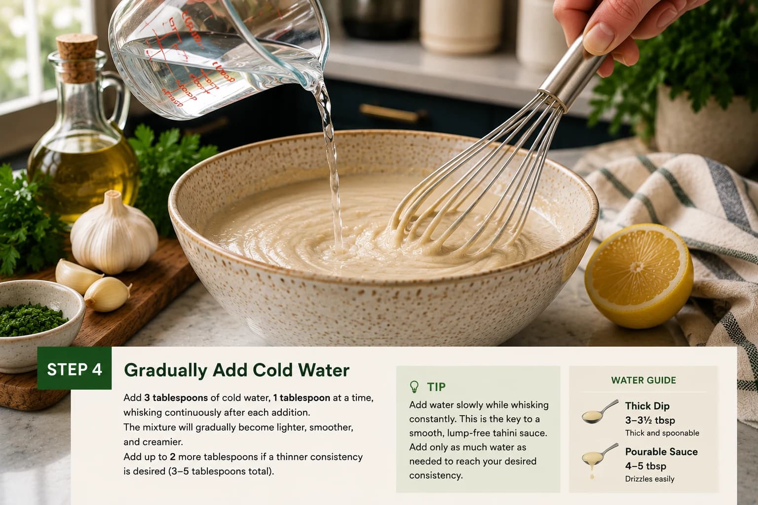 Gradually whisking cold water into tahini to create a smooth creamy sauce.