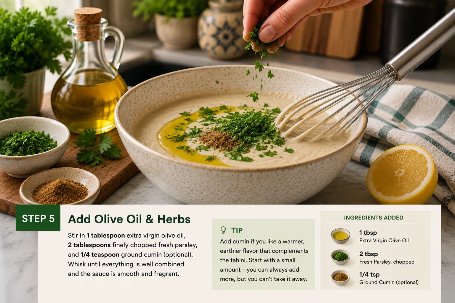 Finishing smooth tahini sauce with 1 tablespoon olive oil, 2 tablespoons parsley, and optional cumin.