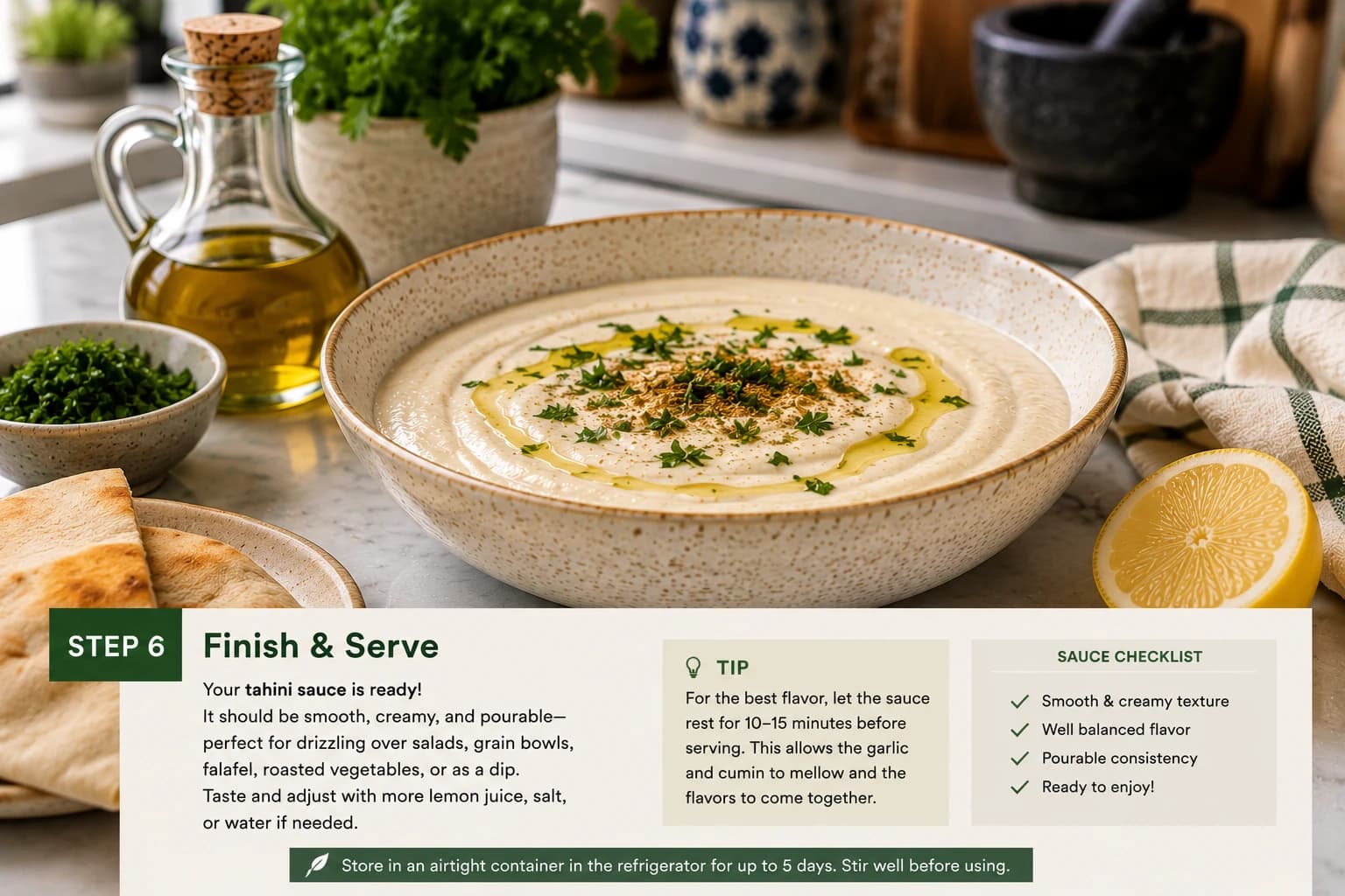 Finished creamy tahini sauce ready to serve with fresh parsley and lemon.