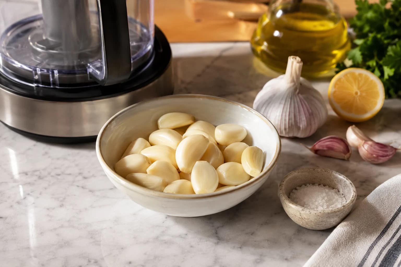 Ten peeled garlic cloves and 1 teaspoon sea salt being processed into a fine garlic paste.