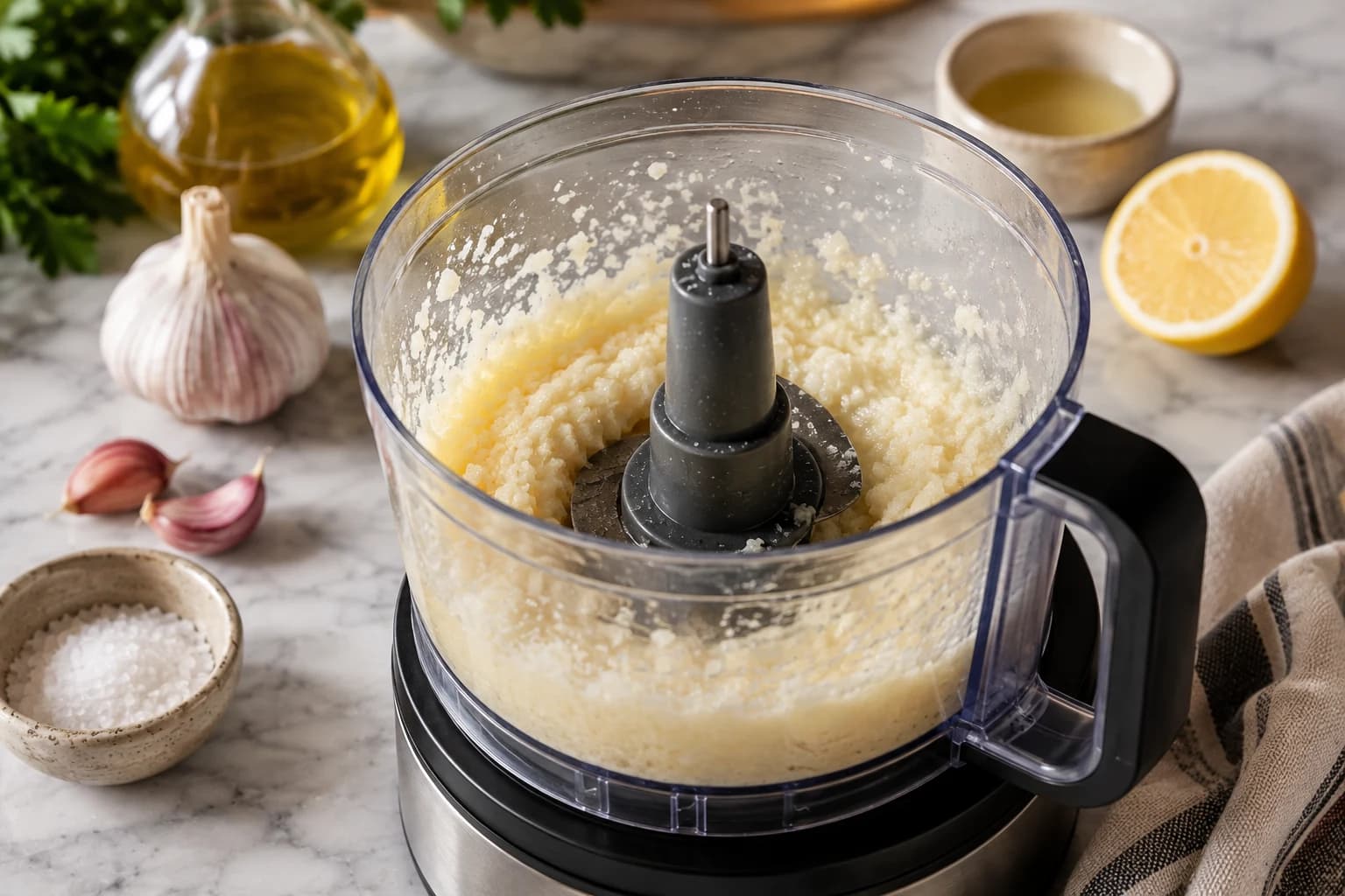 Aquafaba being added to finely minced garlic and sea salt in a food processor.