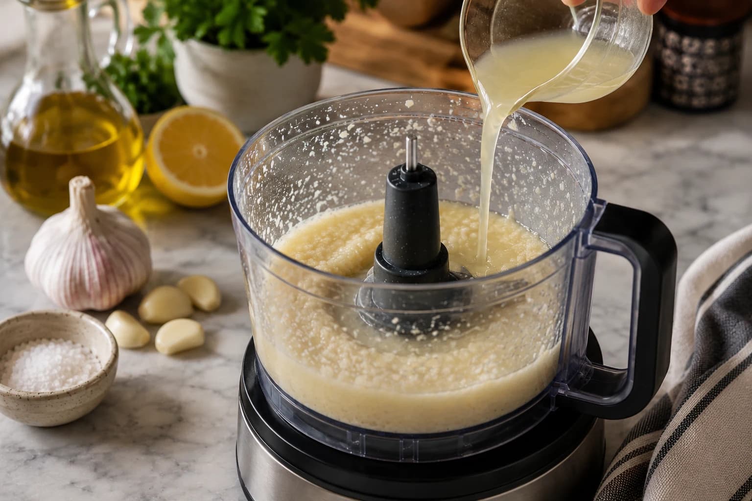 Avocado oil being slowly drizzled into the garlic and aquafaba mixture to begin the toum emulsion.