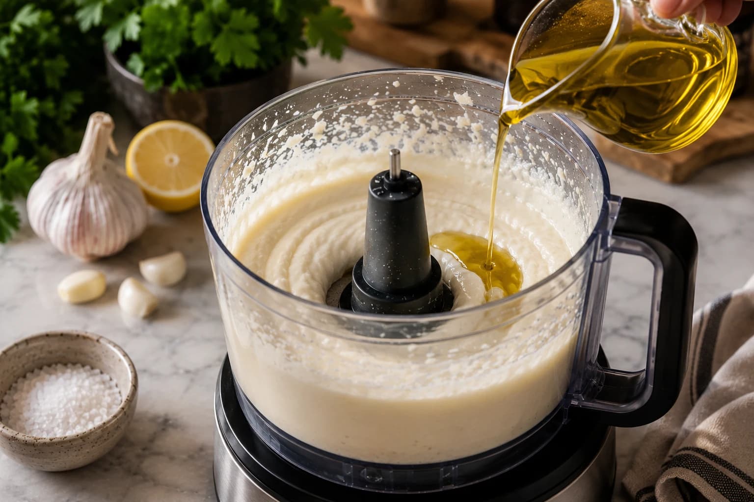 Fresh lemon juice being incorporated gradually into the developing creamy toum emulsion.